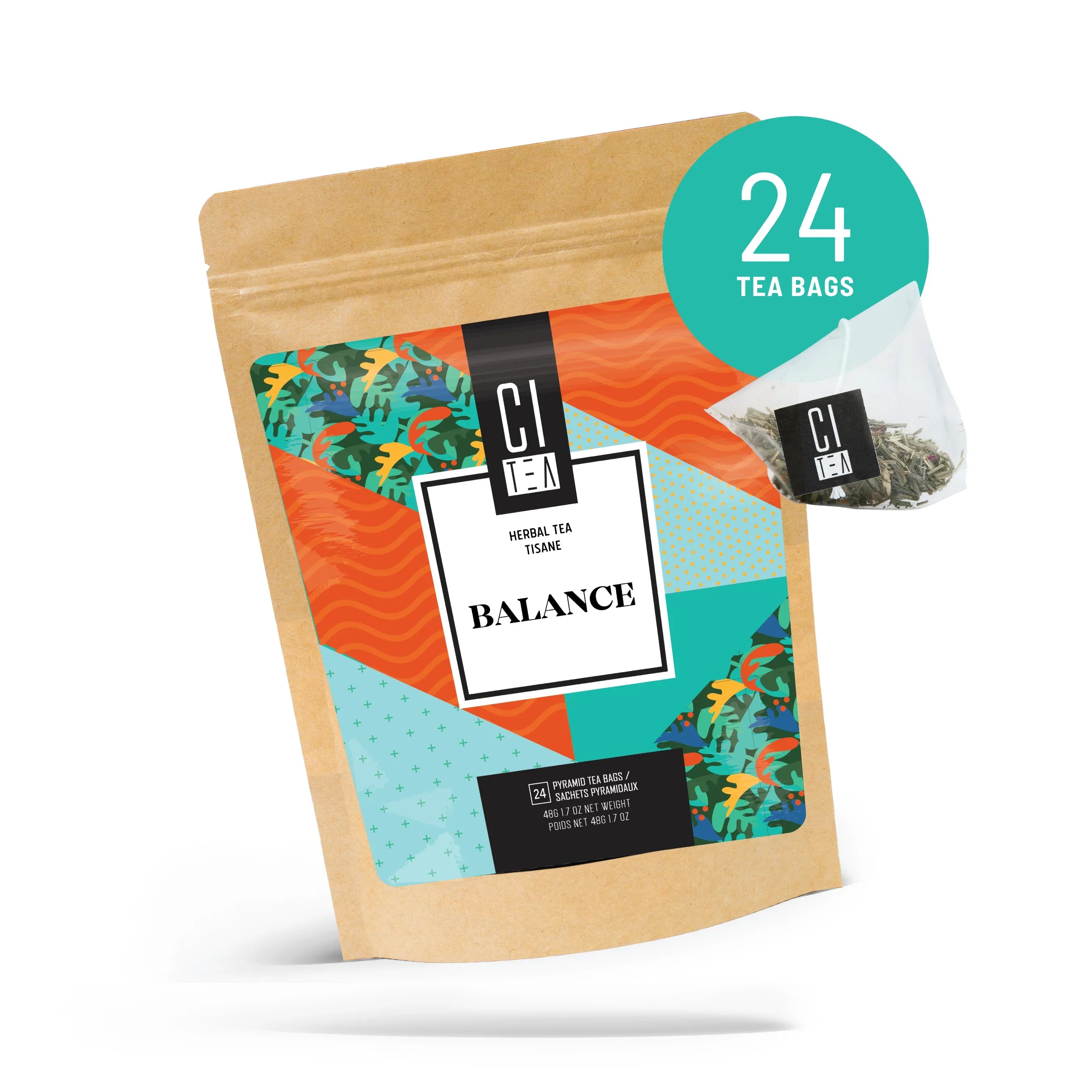 CI Tea Balance herbal tea bag pouch with colorful design, 24 pyramid tea bags