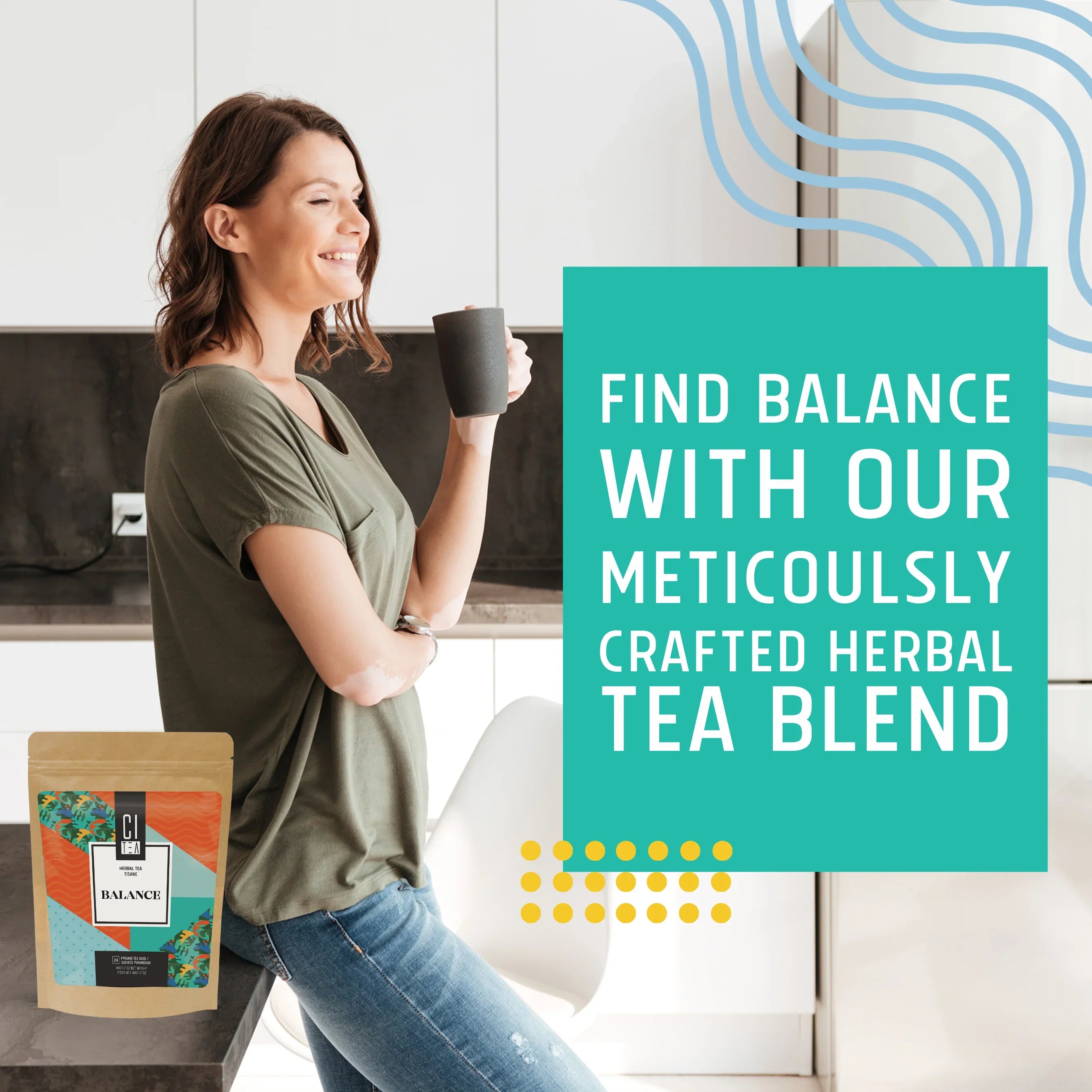Woman in kitchen smiling with mug, next to Balance herbal tea blend package, promoting relaxation.