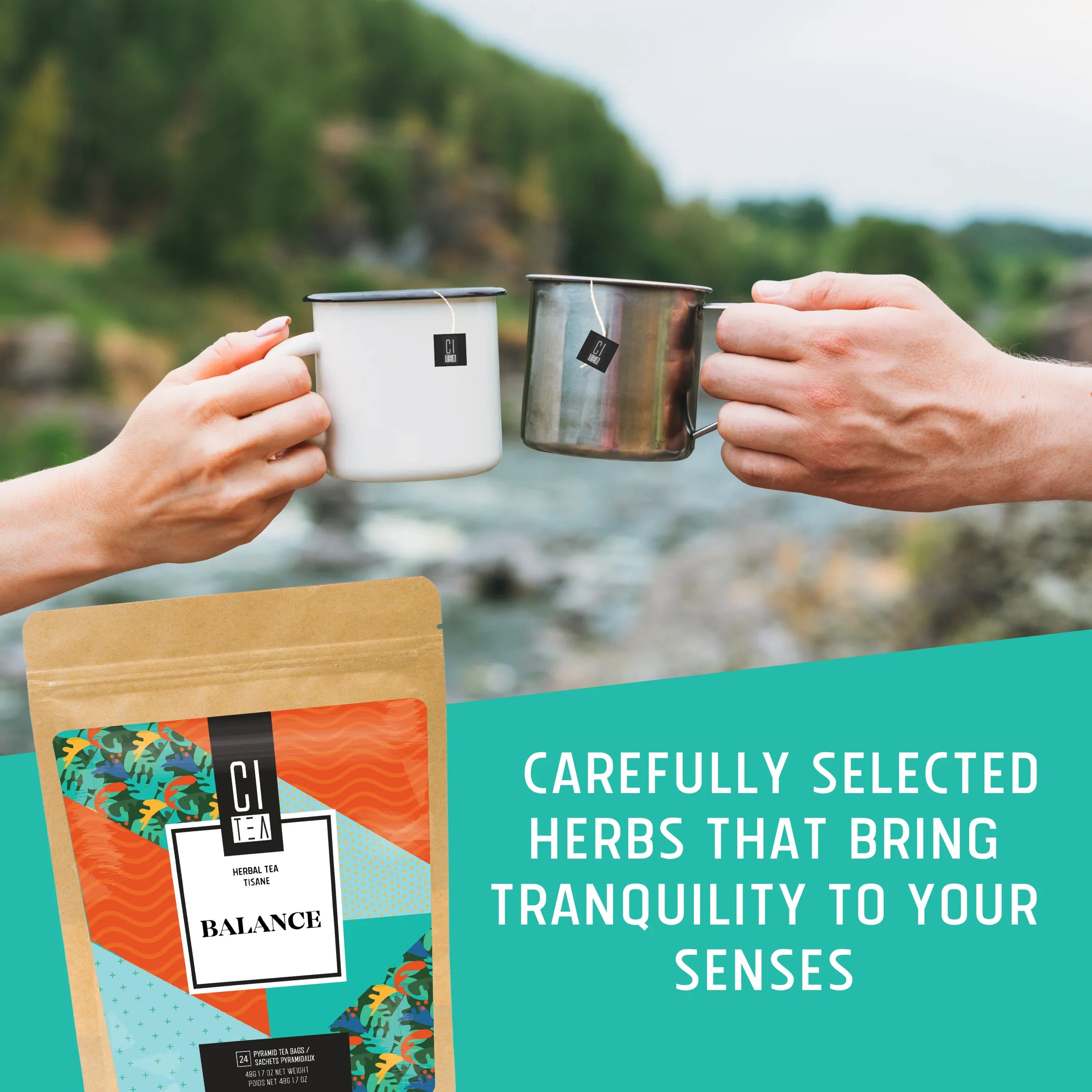 Two people toasting mugs of herbal tea outdoors with CI Tea Balance package and nature background