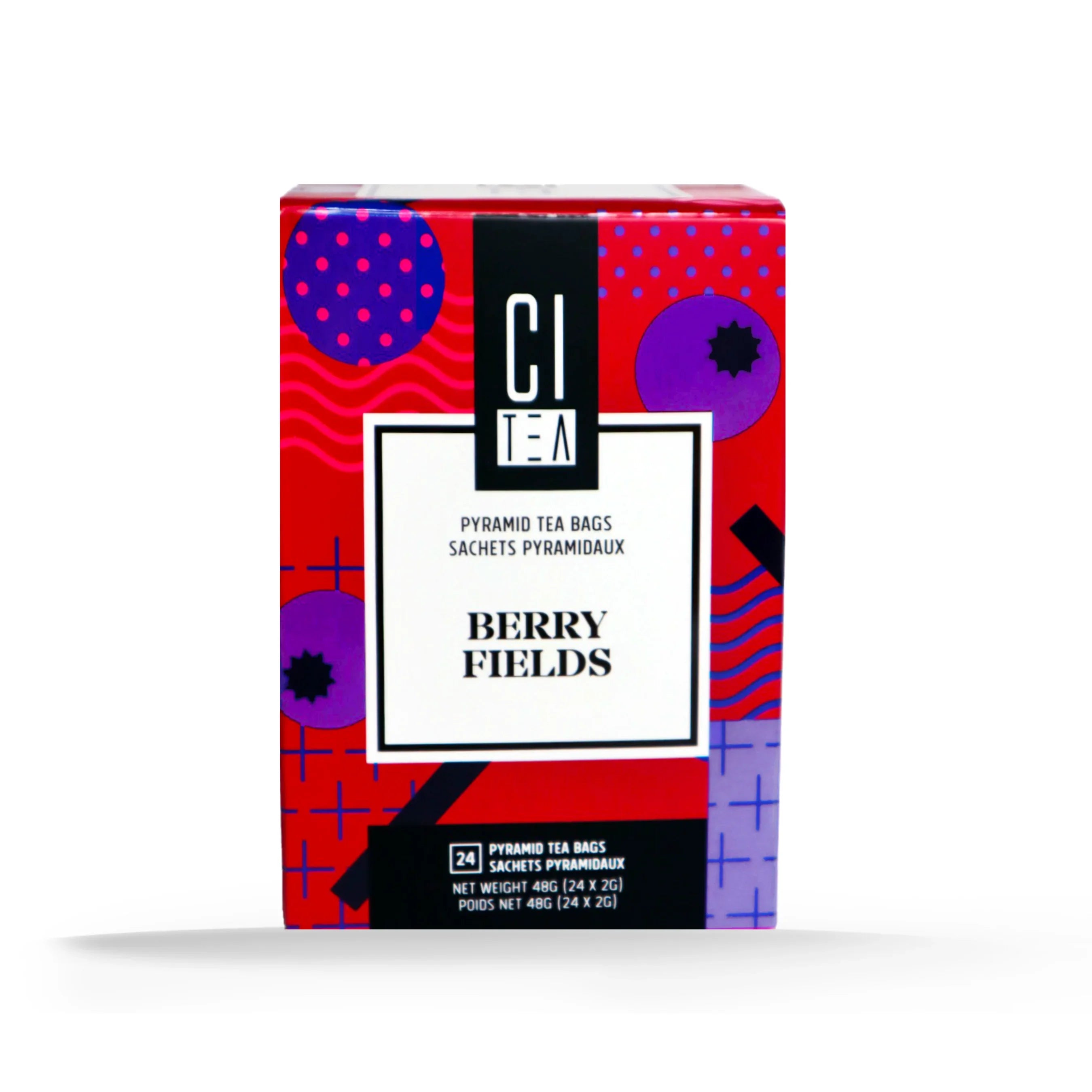 Berry Fields pyramid tea bags box with bold red, purple geometric design, CI Tea branding