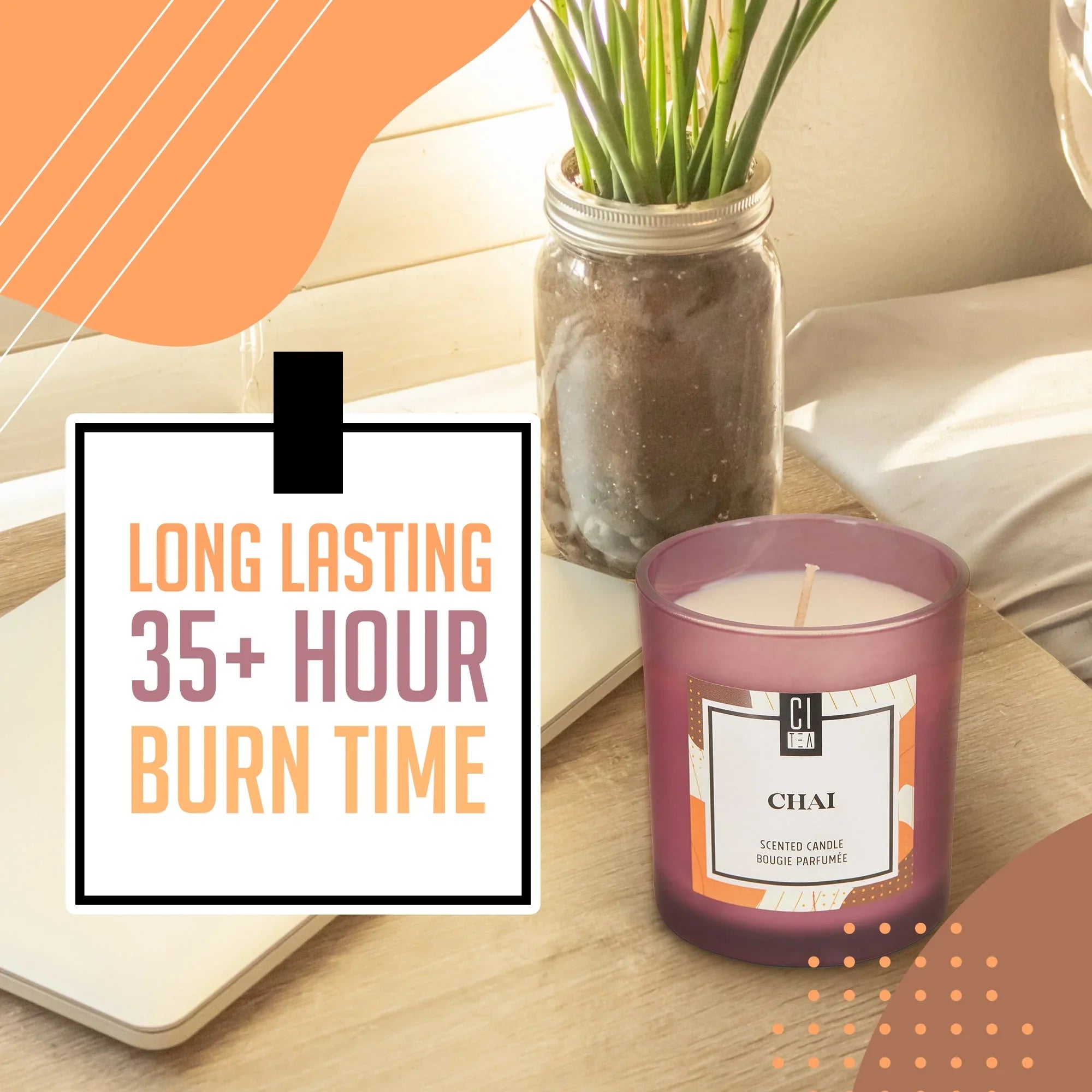 Chai spice soy wax candle in purple glass jar on table, 35+ hour burn time sign, cozy decor
