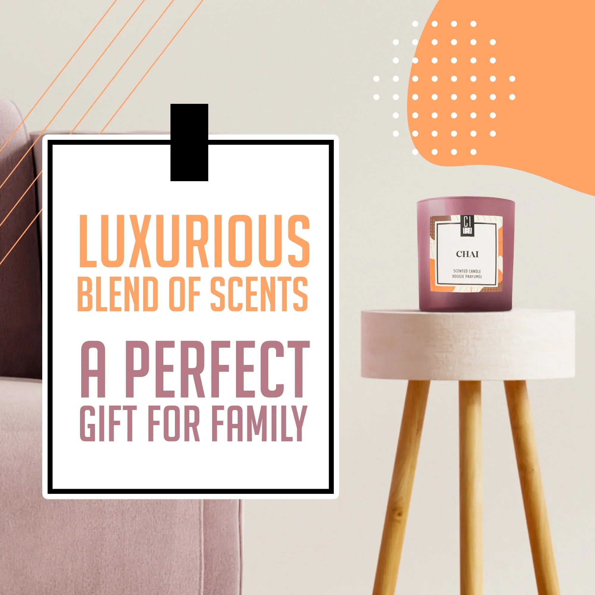 Chai spice soy wax candle on wooden stand, perfect gift, luxurious blend of scents, modern decor