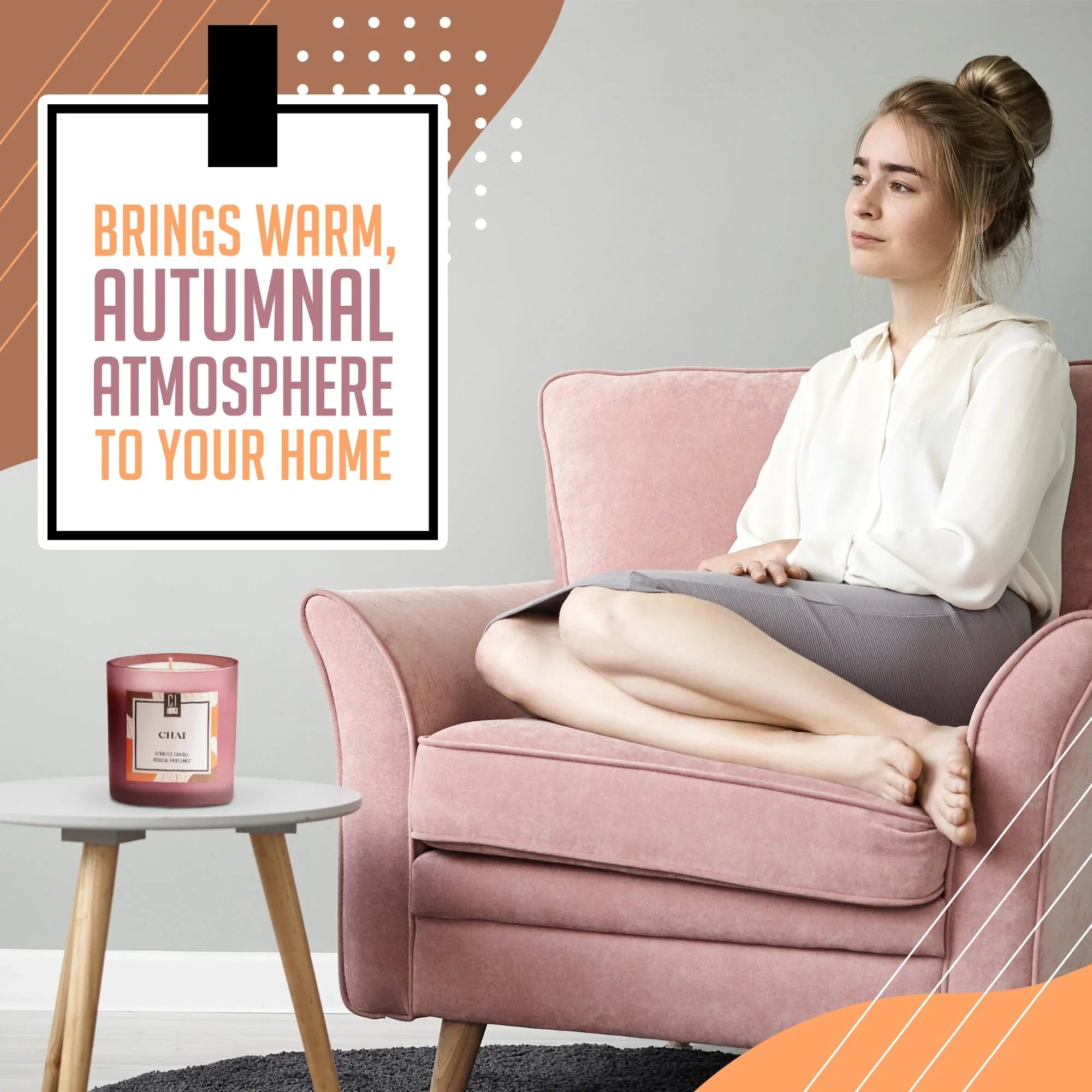 Chai spice soy wax candle on table, woman relaxing in pink chair, warm autumn home decor