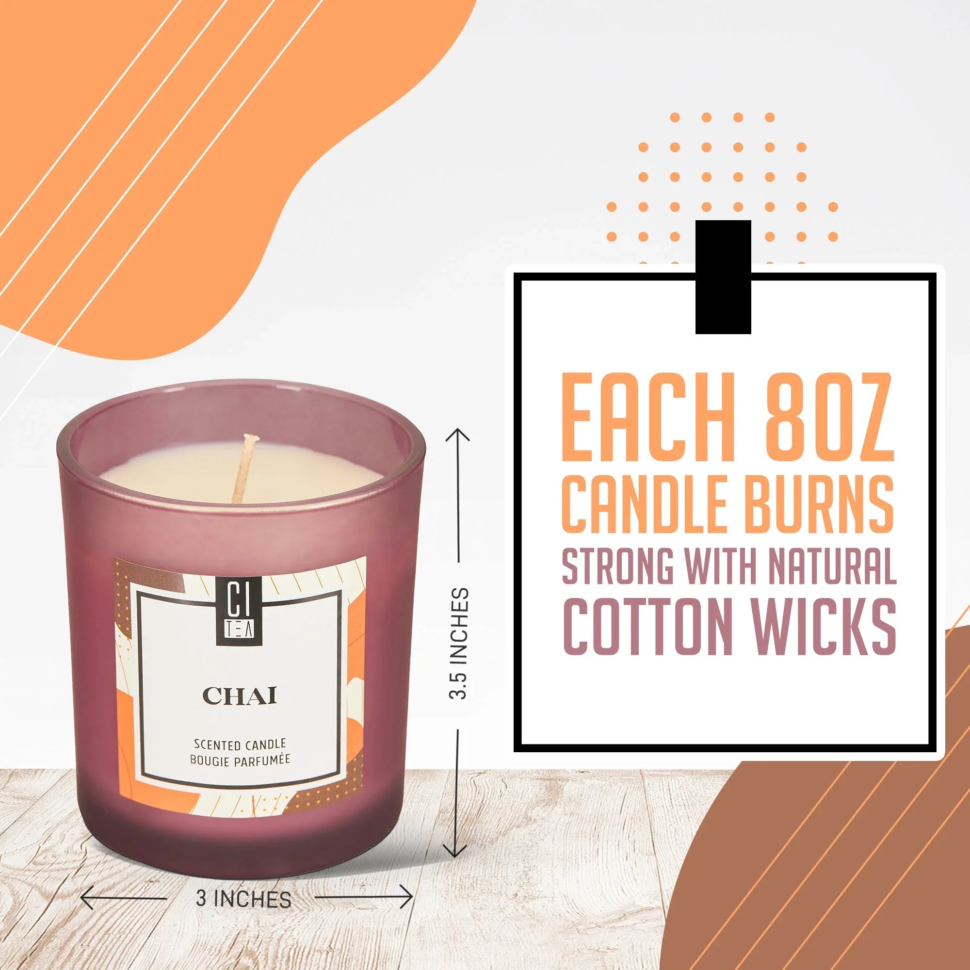 Chai spice soy wax candle in glass jar with natural cotton wick on a wooden surface