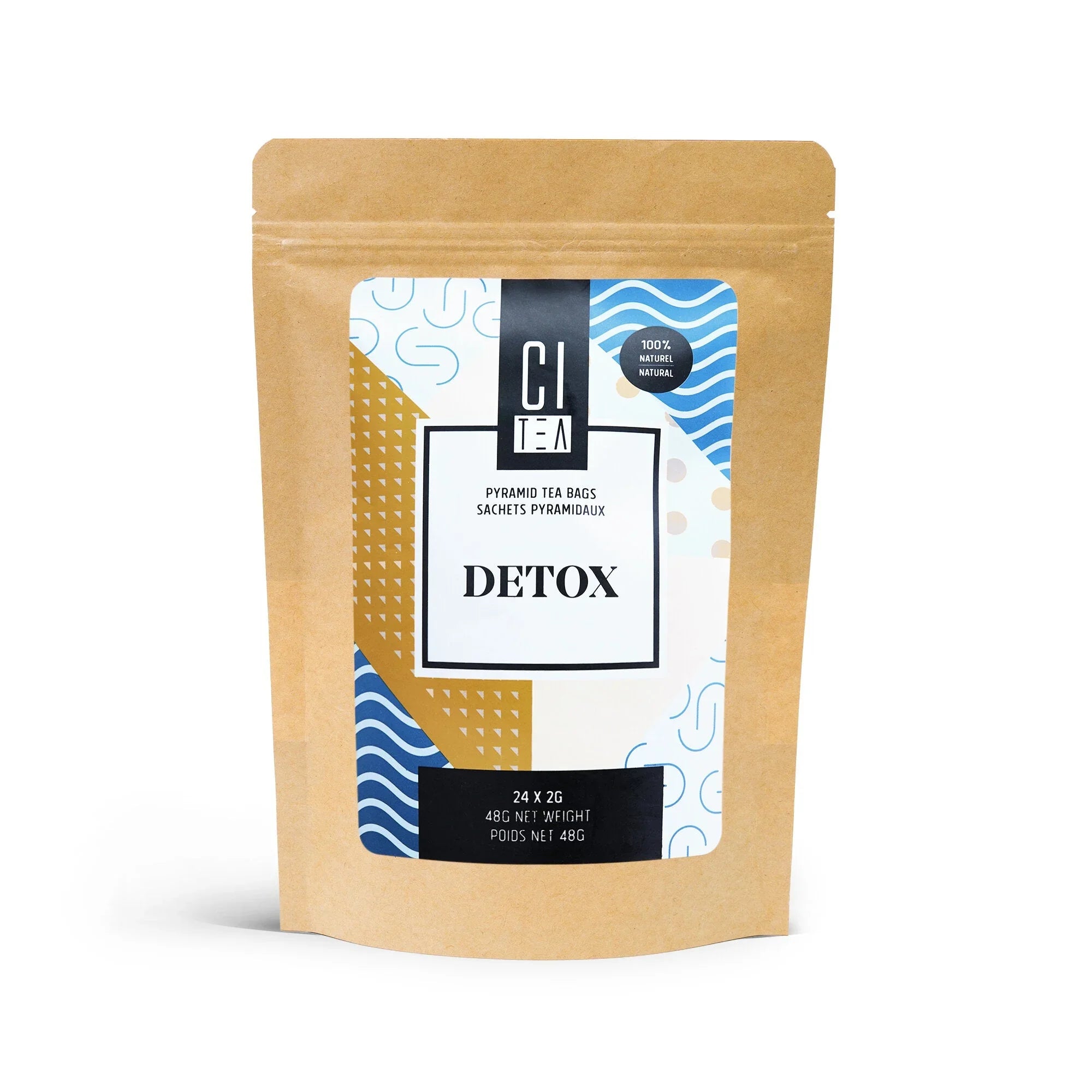 Brown resealable pouch of Citéa Detox pyramid tea bags with colorful geometric label