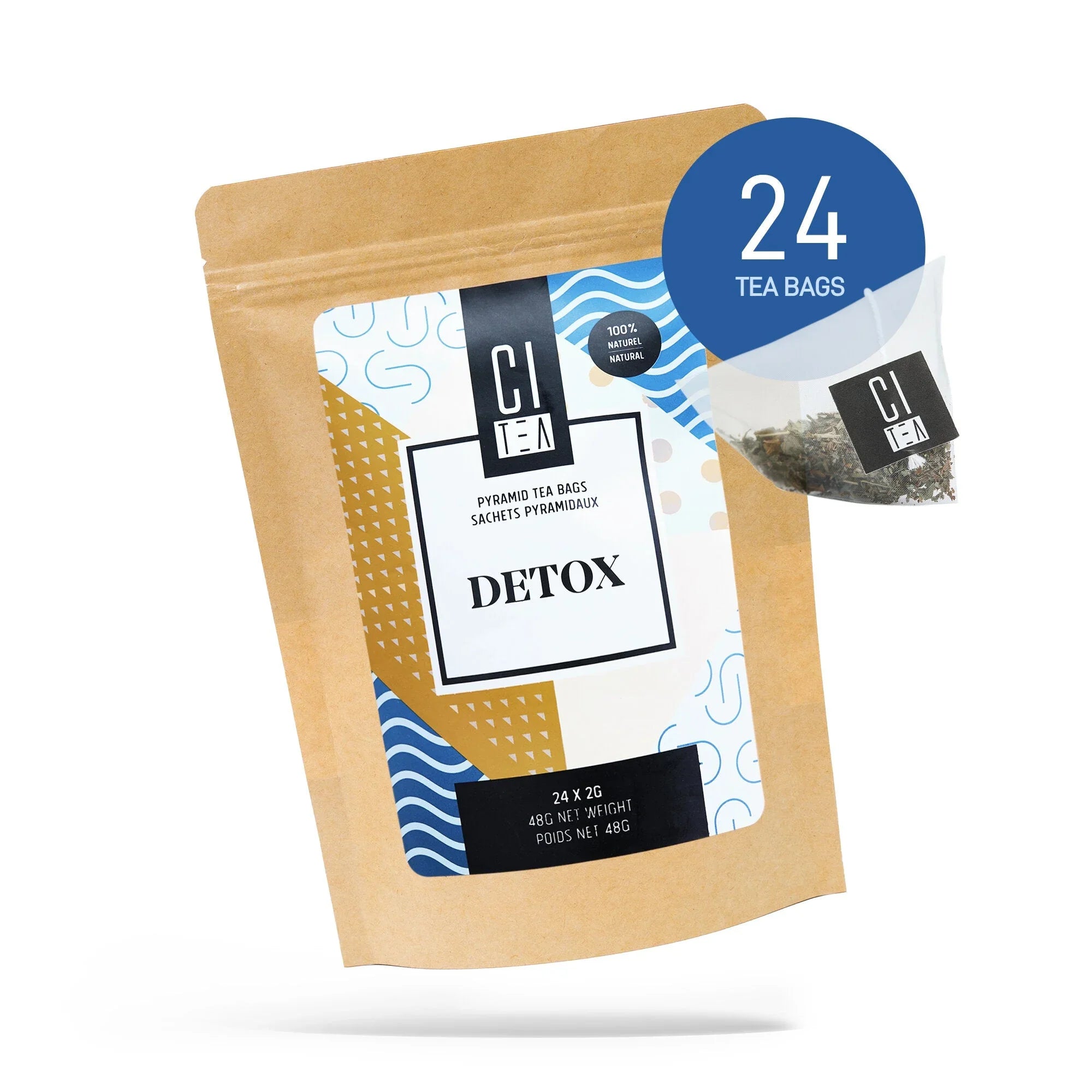 Citea Detox tea bags pouch with 24 pyramid tea bags, modern label design