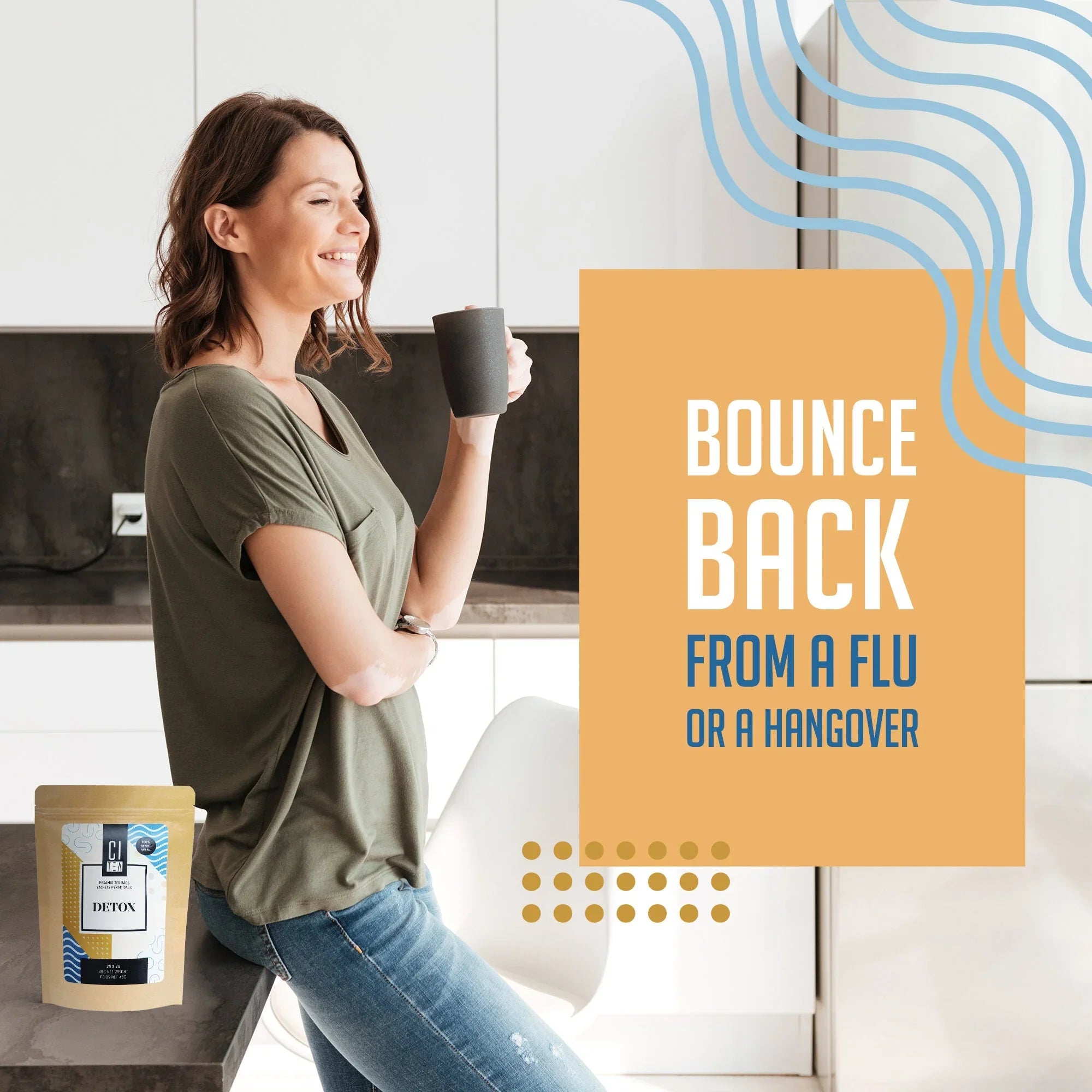 Woman in kitchen drinking tea with Citea Detox pack, bounce back from flu or hangover message.