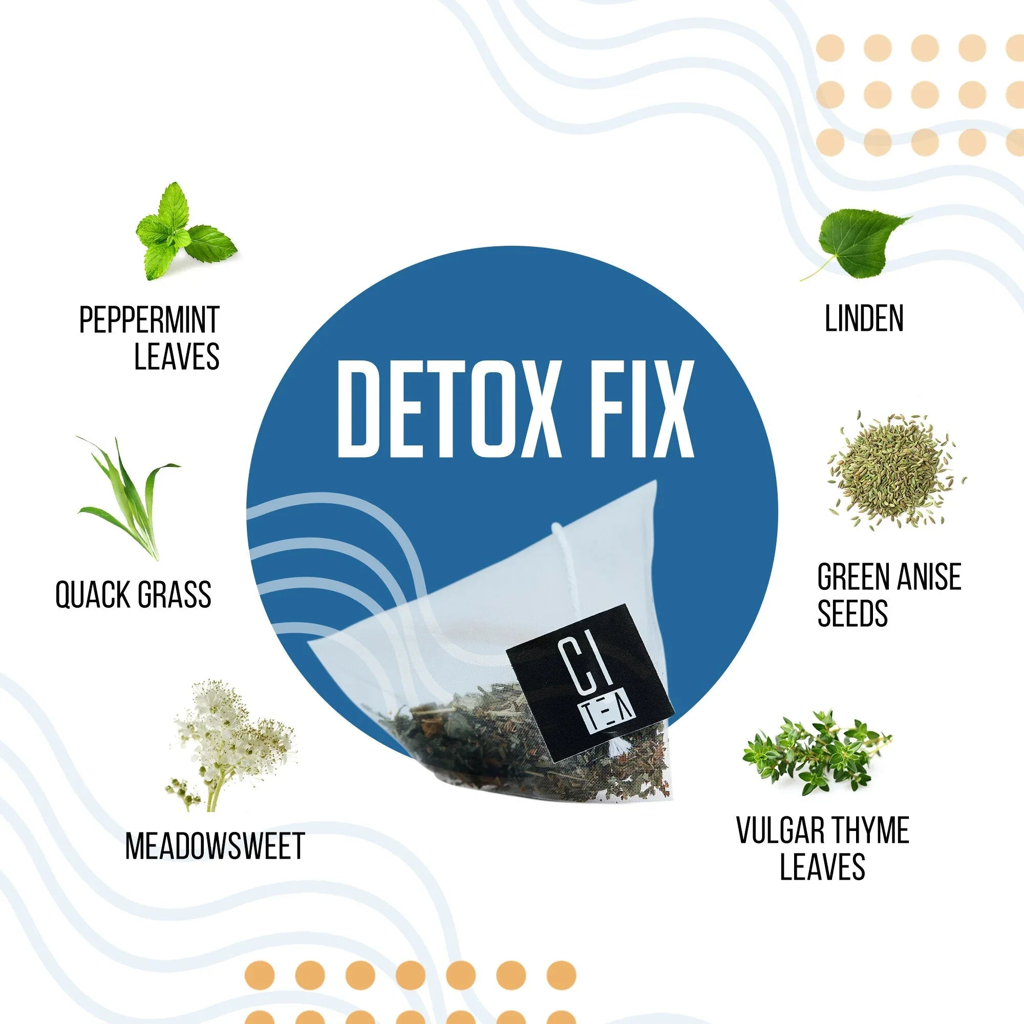 Citea Detox Fix tea bag with peppermint, linden, quack grass, anise, thyme, and meadowsweet