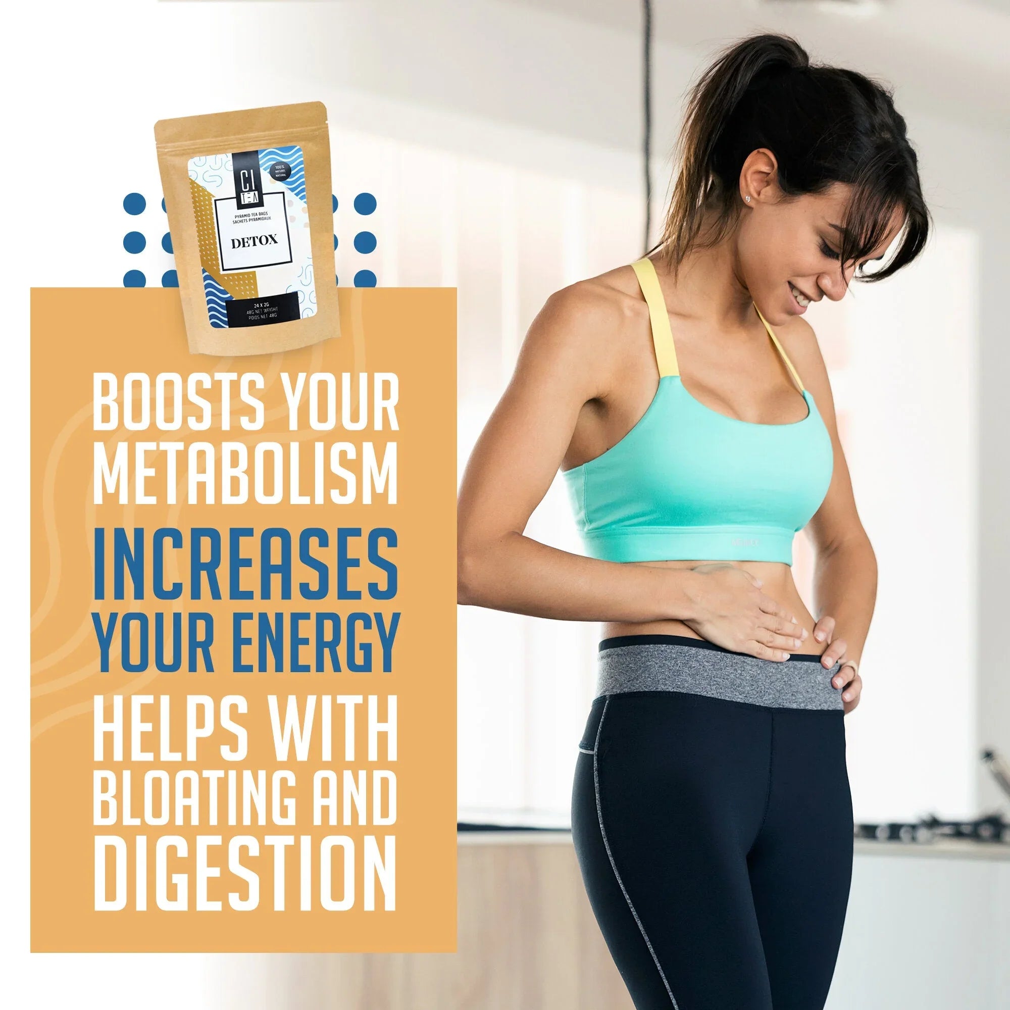 Woman in activewear holding stomach, Citea Detox tea pouch, metabolism and digestion support text