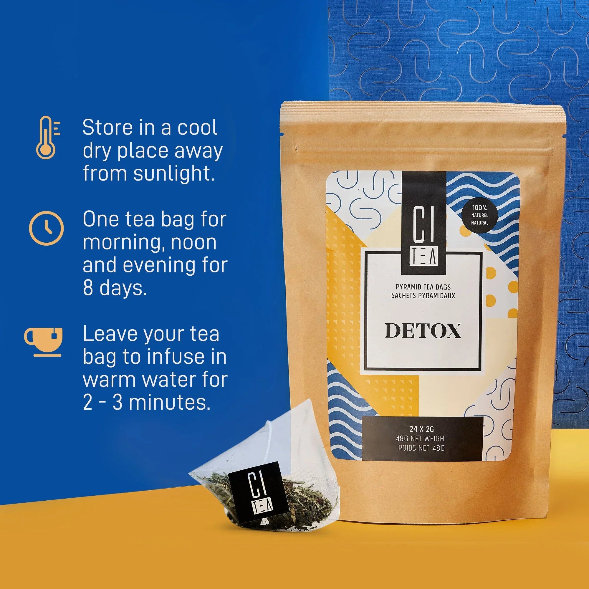 Citea Detox pyramid tea bags package with single tea bag, brewing instructions visible.