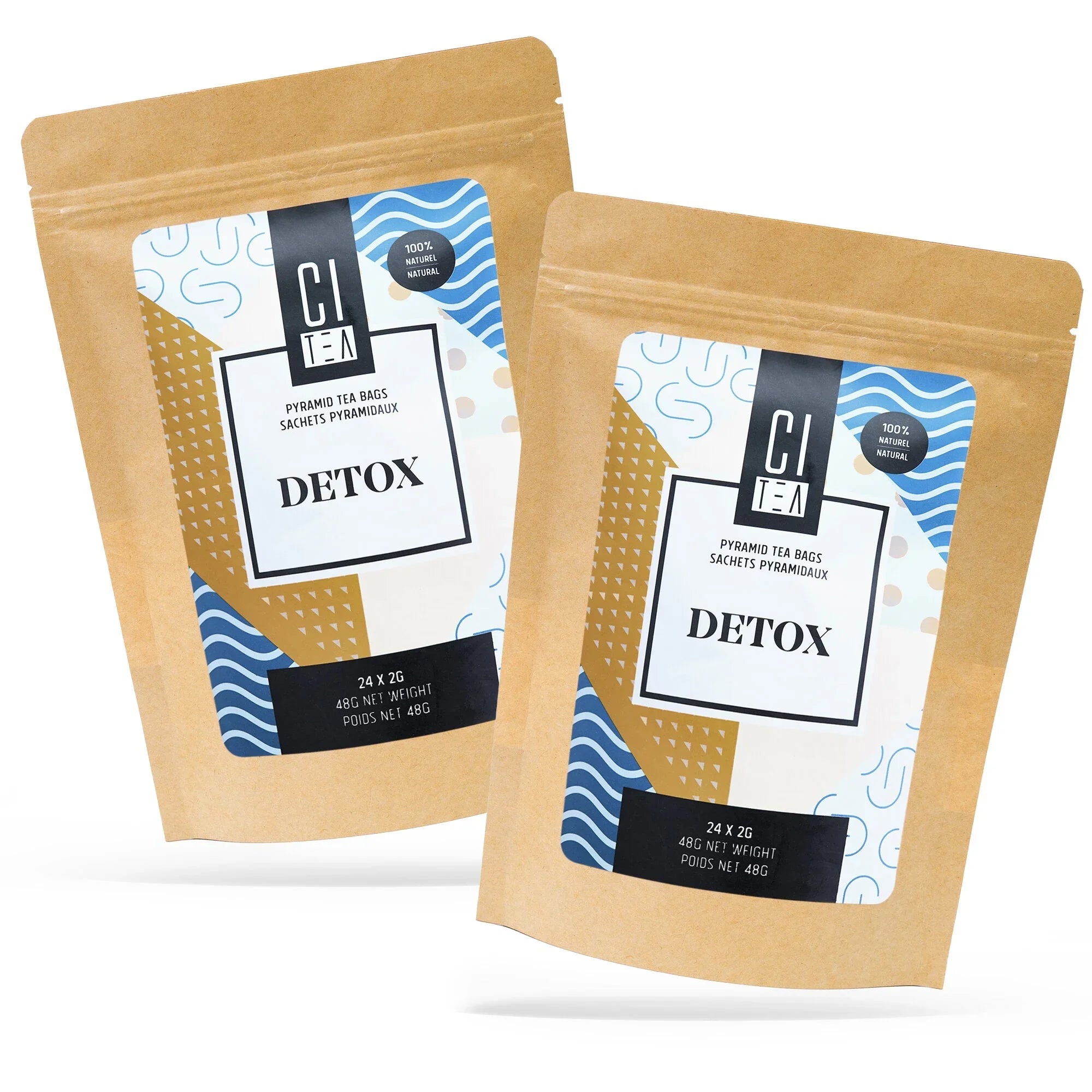 Two CI Tea Detox pyramid tea bags pouches in kraft packaging with modern blue and gold design