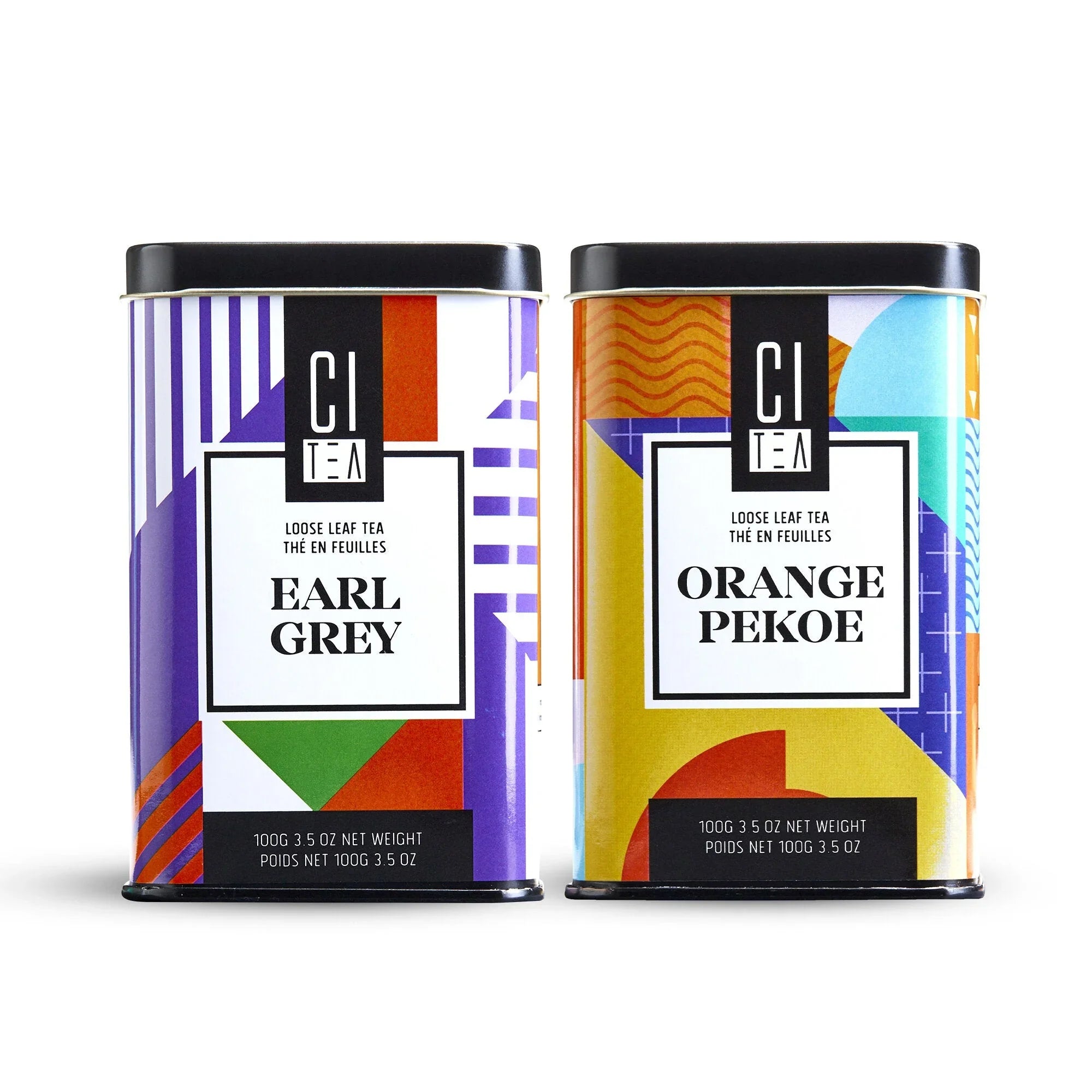 Earl Grey and Orange Pekoe loose leaf tea tins with colorful geometric designs