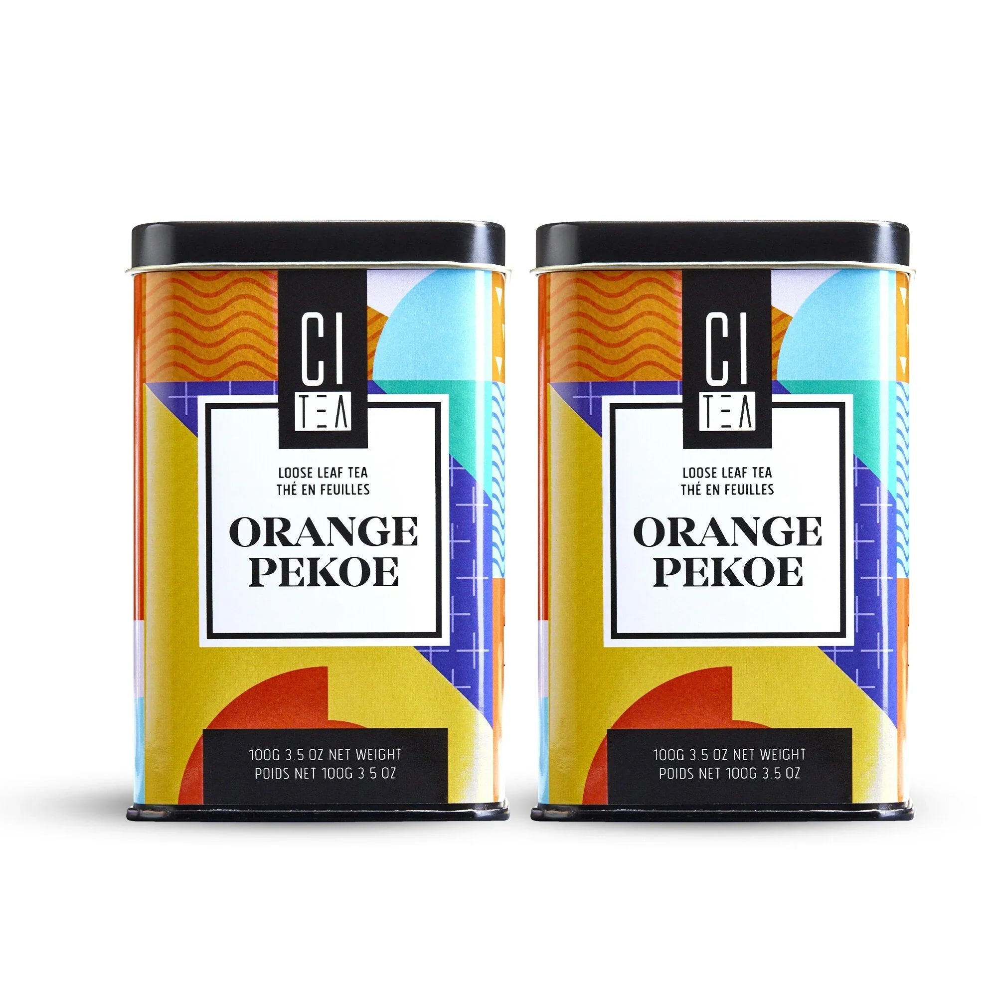Two CI TEA Orange Pekoe loose leaf tea tins with colorful geometric design on white background.