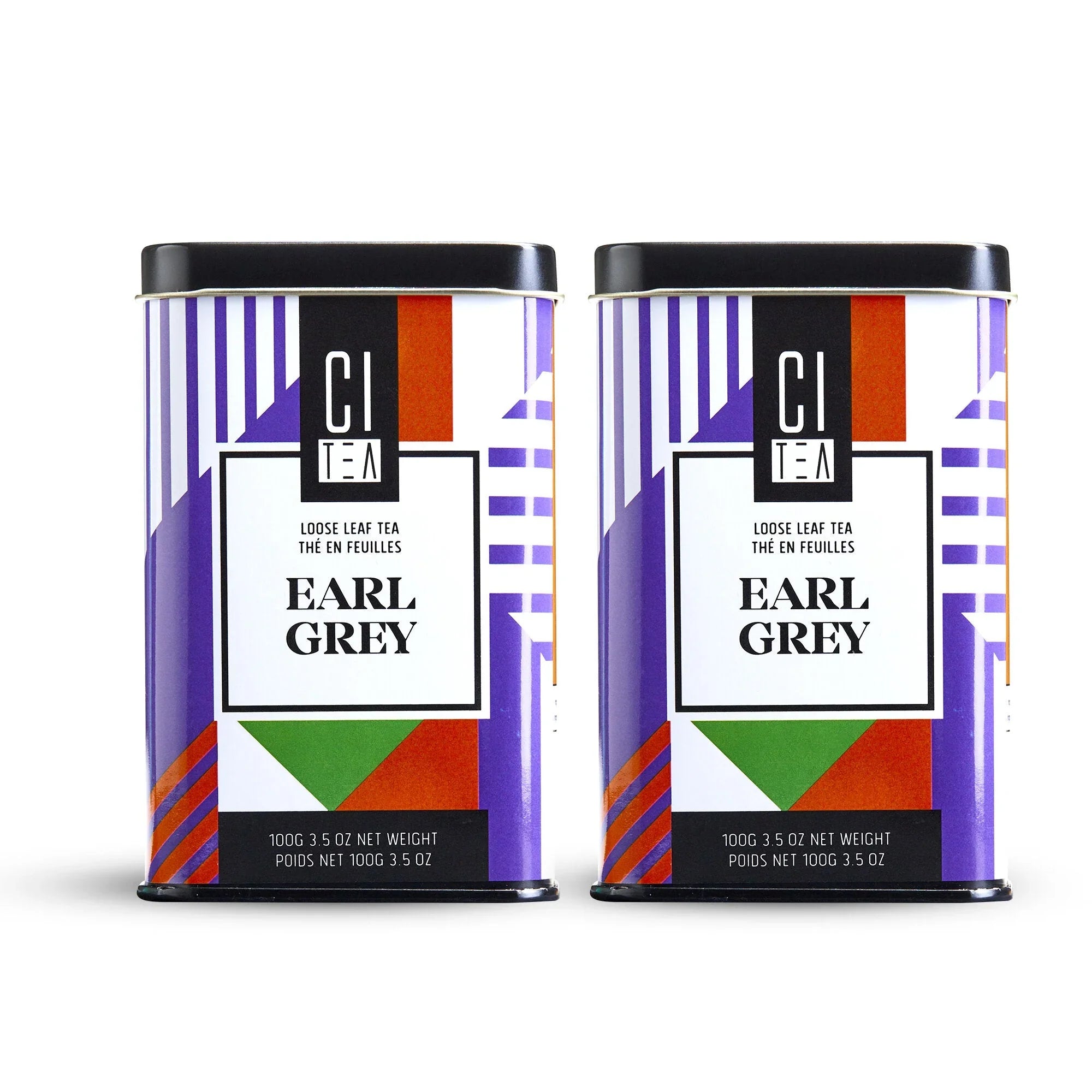 Two CI TEA Earl Grey loose leaf tea tins with geometric purple, green, red, and white designs