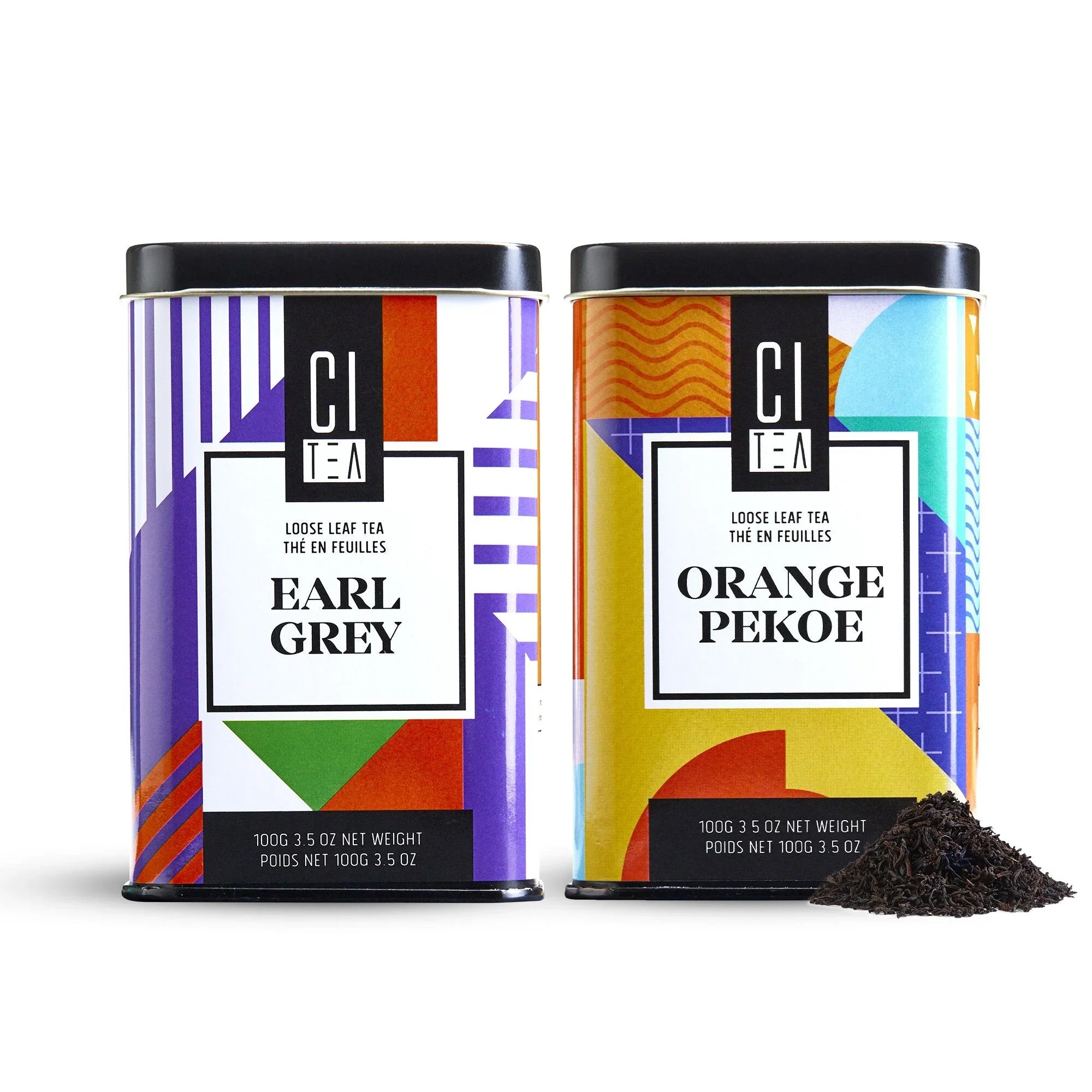 Earl Grey and Orange Pekoe loose leaf tea tins with modern geometric designs and tea leaves