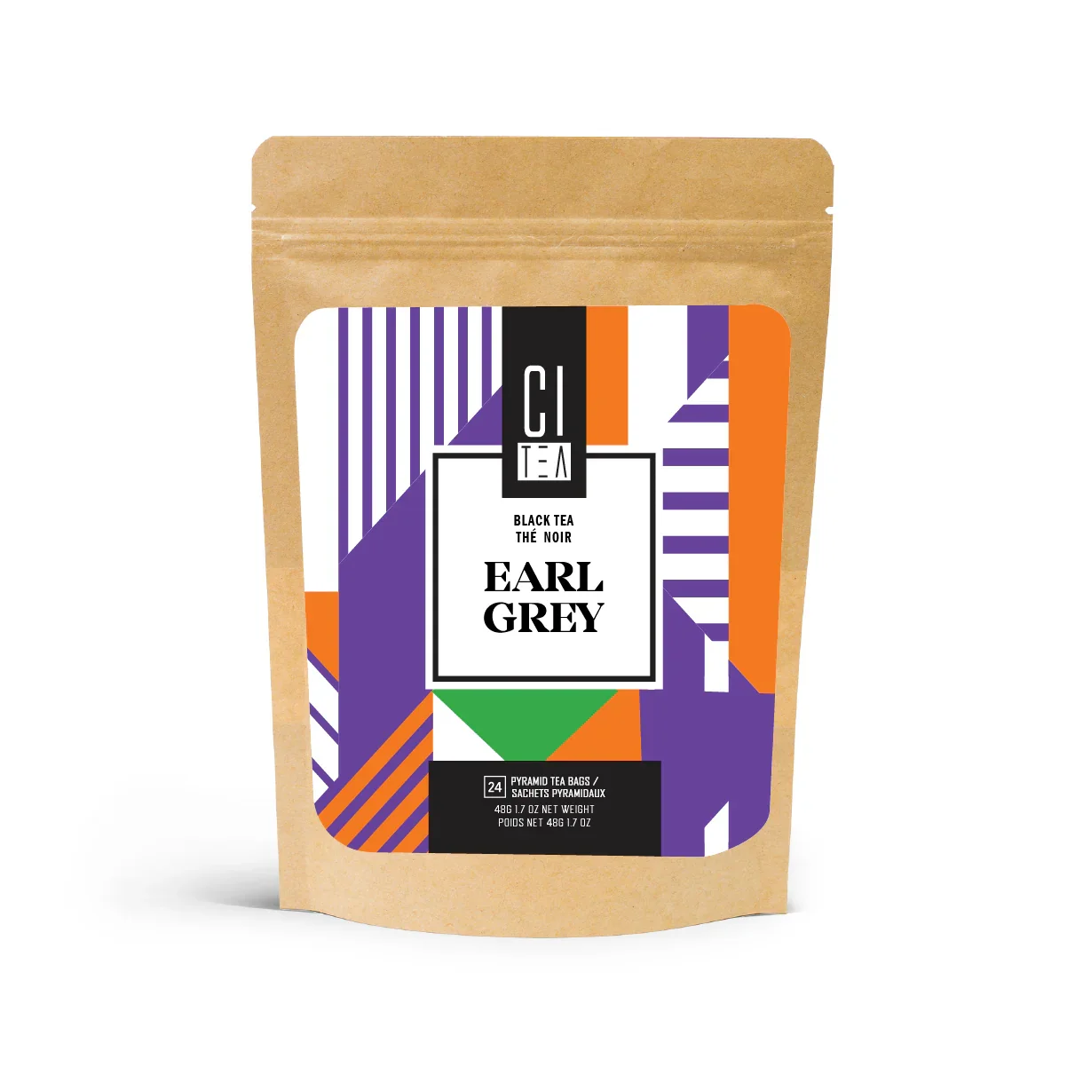Earl Grey tea bags in colorful geometric resealable pouch, CI Tea black tea blend