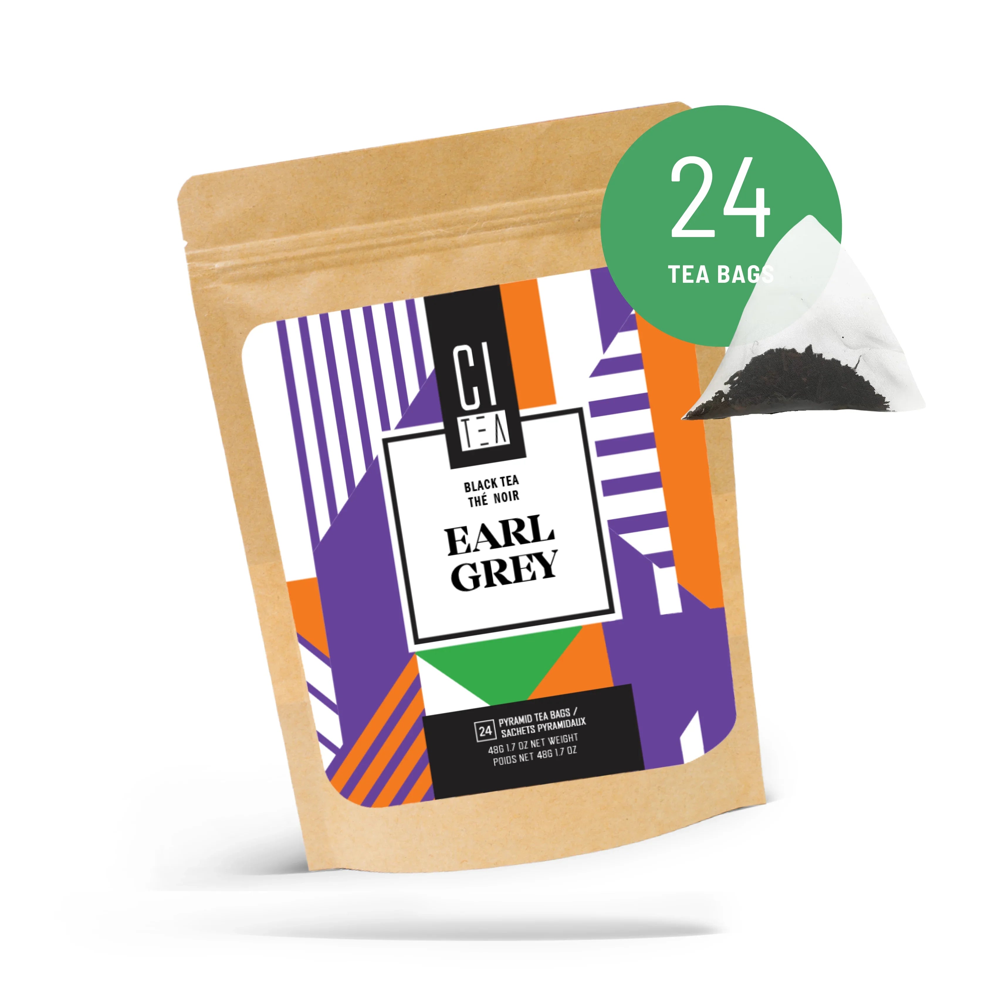 Earl Grey black tea pouch with modern design and 24 pyramid tea bags