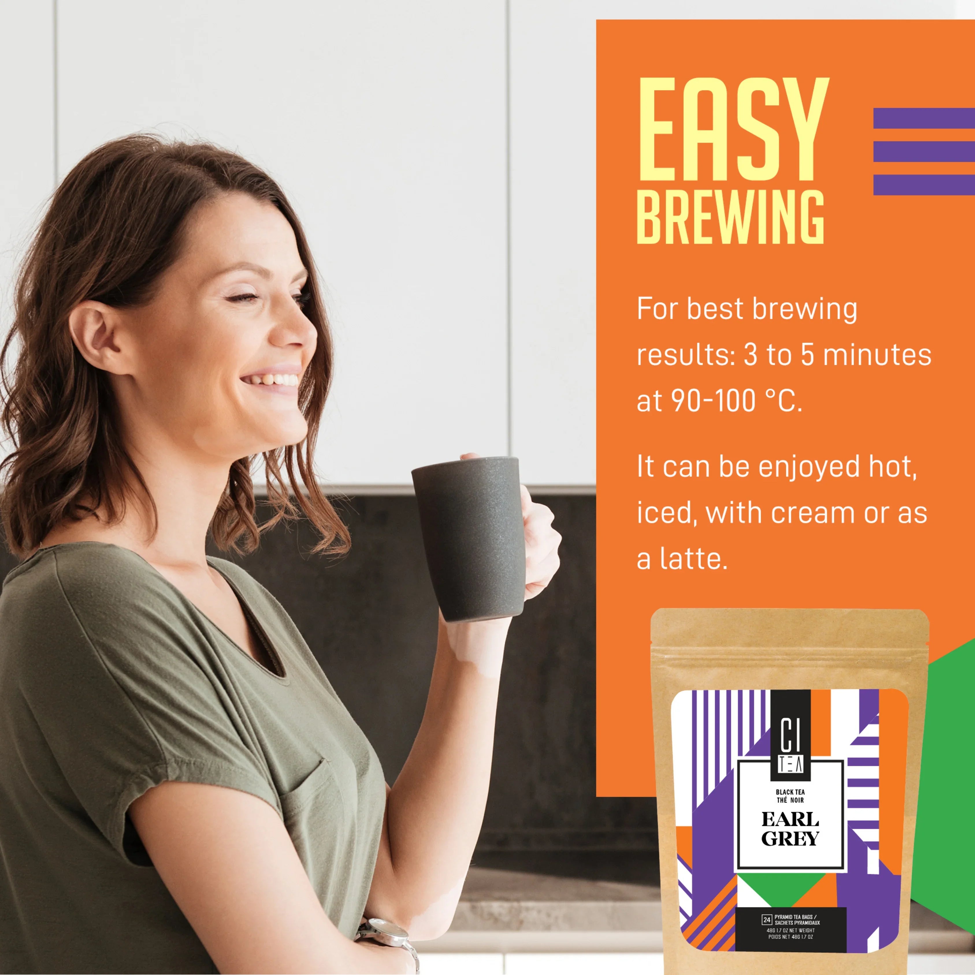 Woman enjoying tea in kitchen with Earl Grey tea packaging and easy brewing instructions.