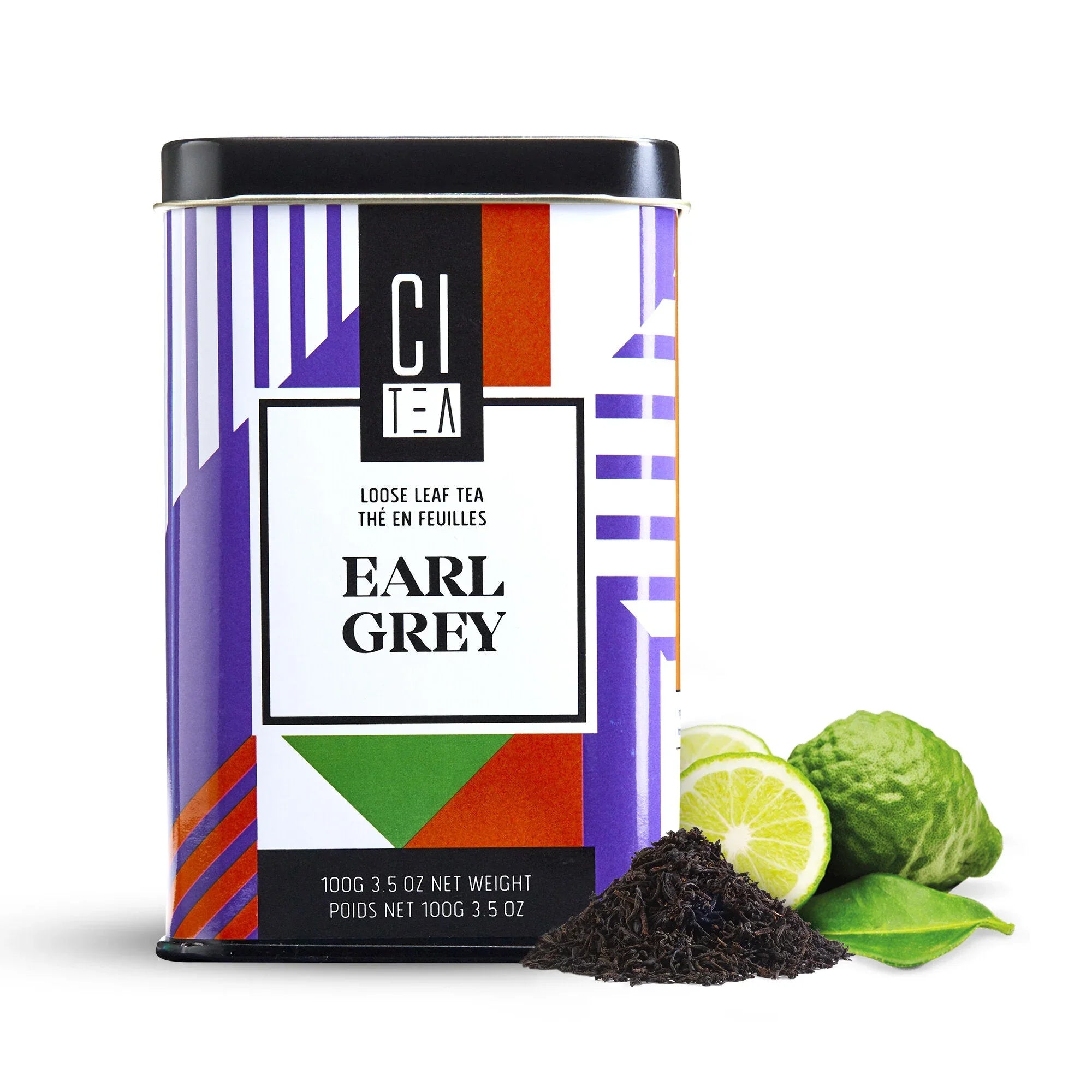 Citea Earl Grey loose leaf tea tin with bergamot fruit and tea leaves, modern design