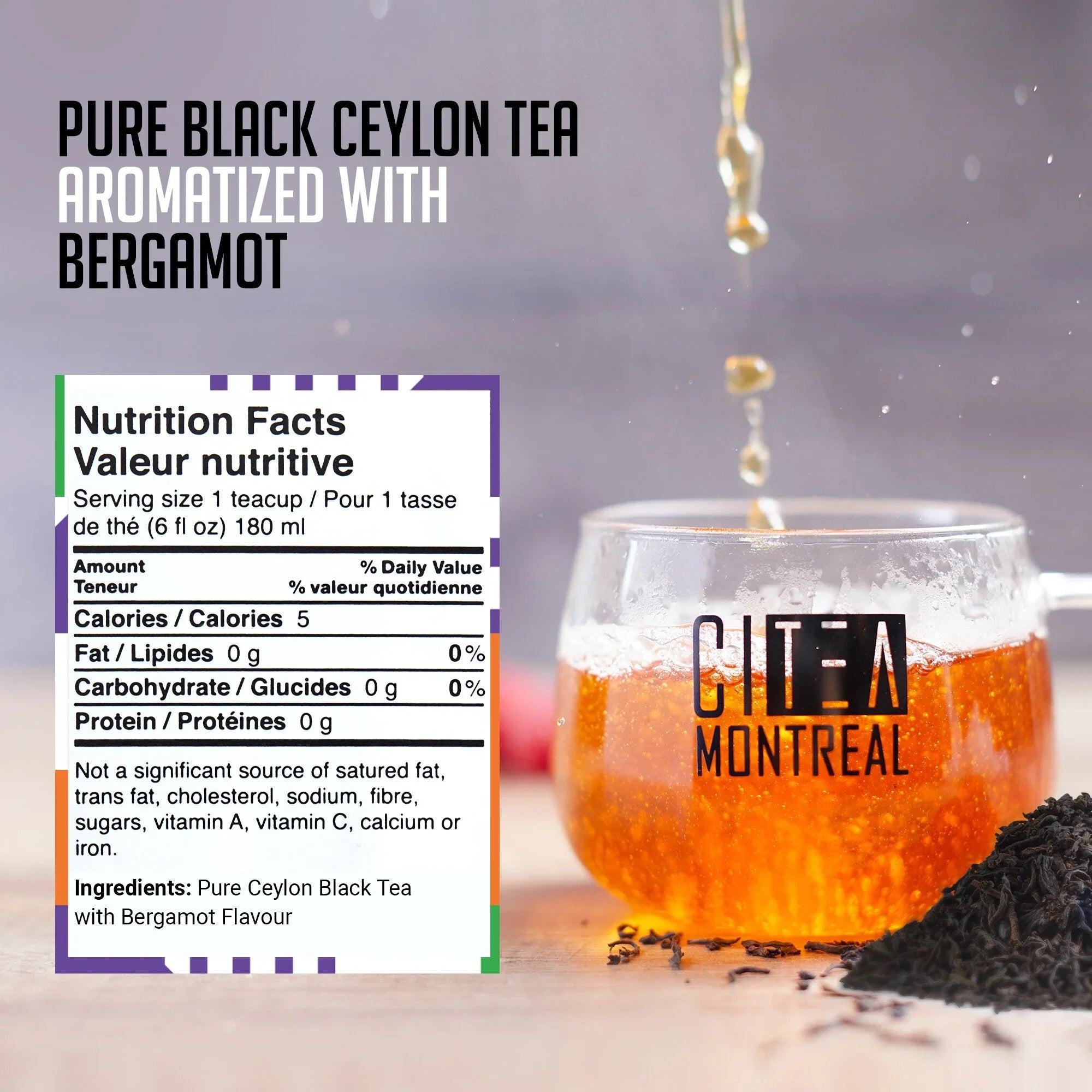 Glass mug of Ceylon black tea with bergamot, nutrition facts, and loose tea leaves foreground