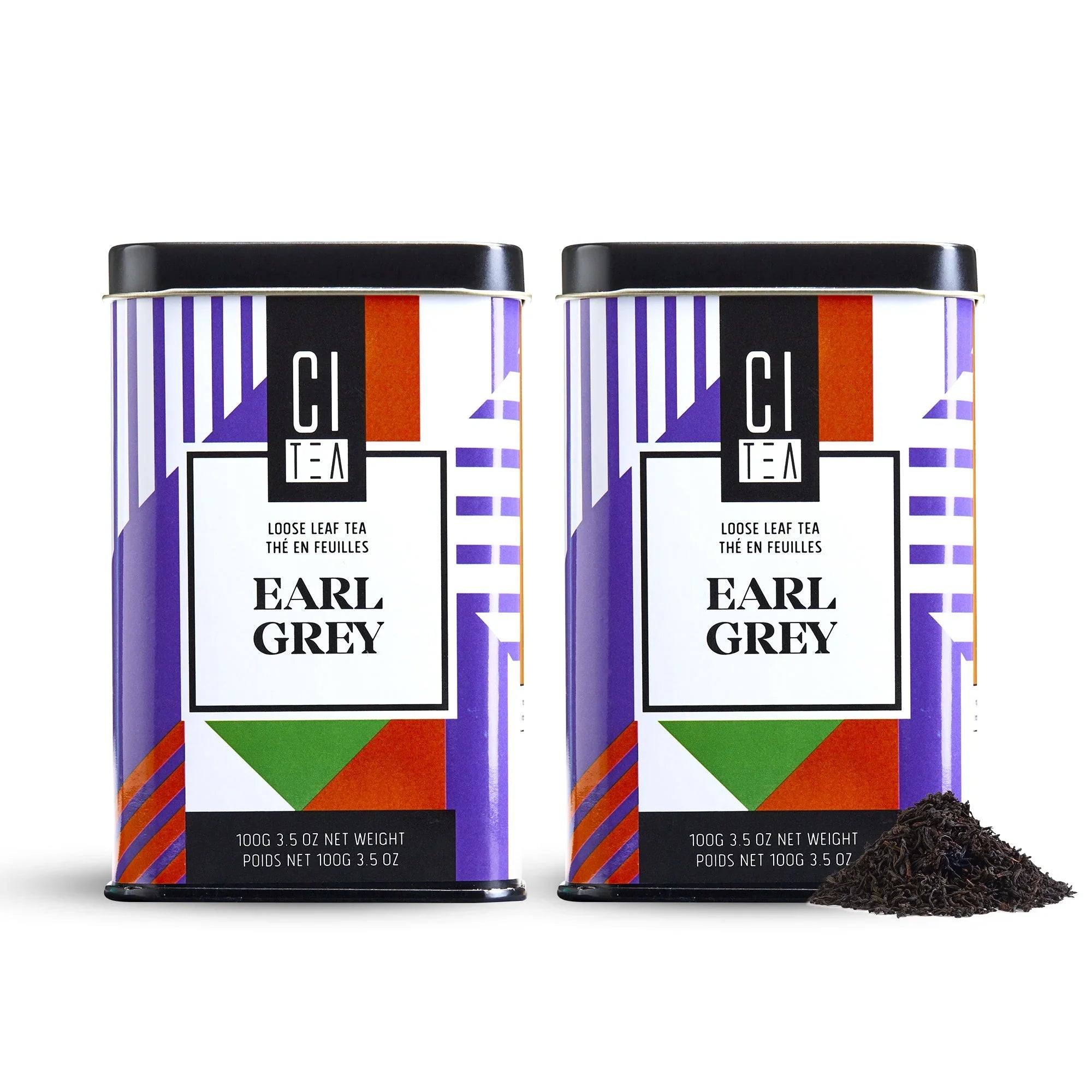Two Earl Grey loose leaf tea tins with modern purple, green, and orange design, tea leaves shown