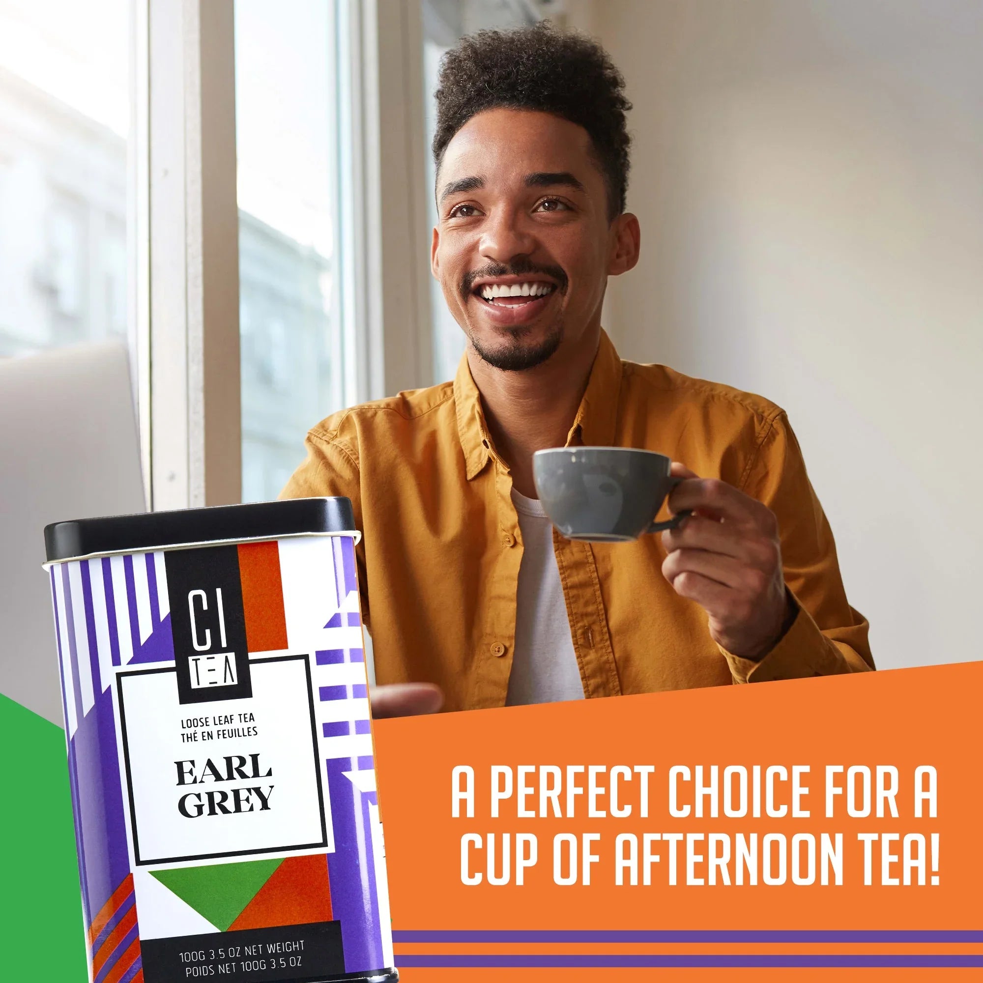 Smiling man enjoys Earl Grey loose leaf tea by CITEA, perfect for afternoon tea.