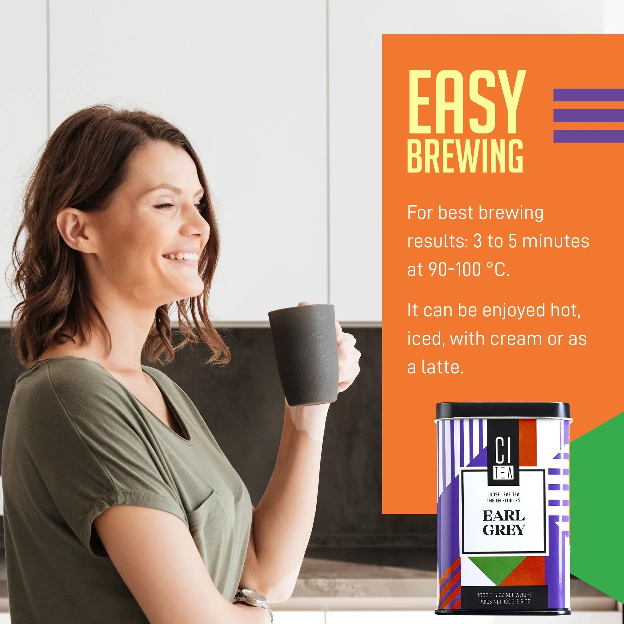 Woman enjoying Earl Grey tea with Citea can, easy brewing instructions in kitchen setting