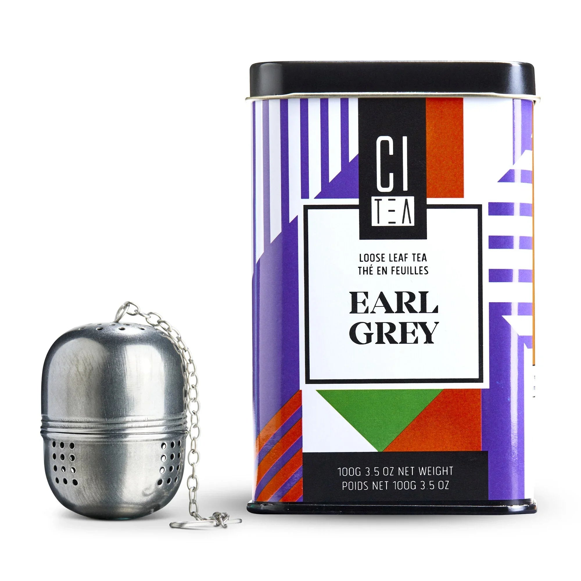 Citea Earl Grey loose leaf tea tin with modern design and metal tea infuser