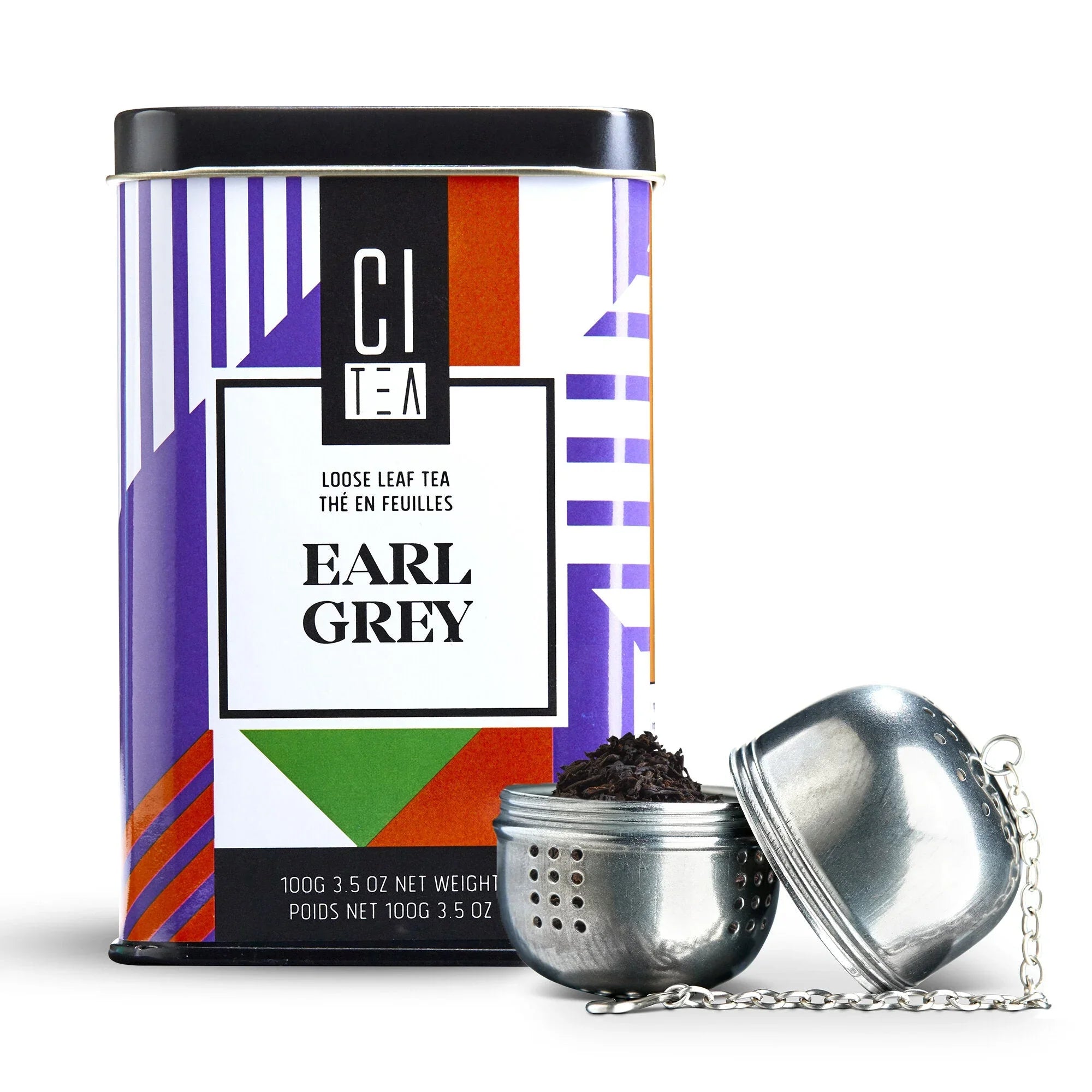 Citea Earl Grey loose leaf tea tin with metal tea infuser and loose tea on white background