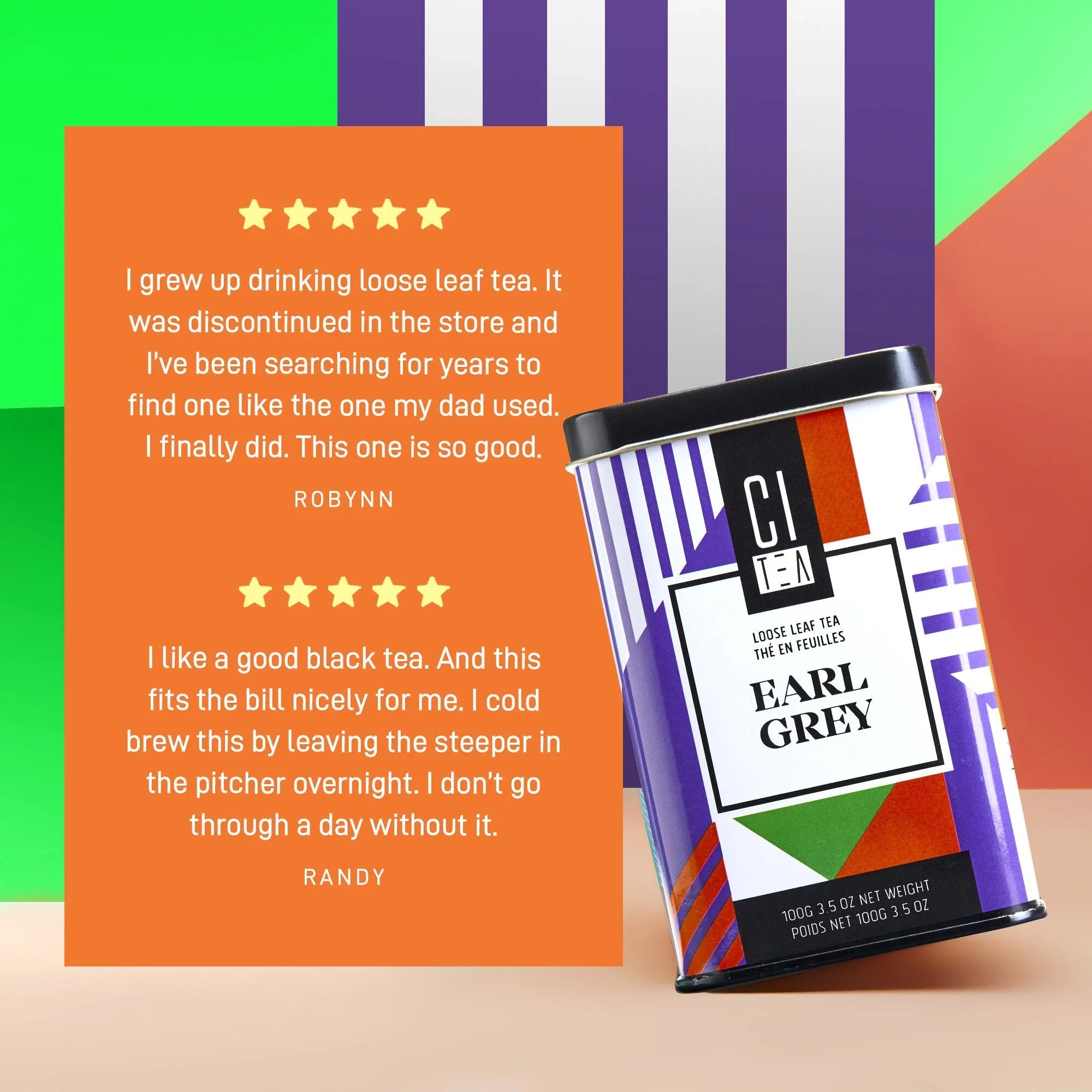 Citea Earl Grey loose leaf tea tin with customer reviews, modern colorful background