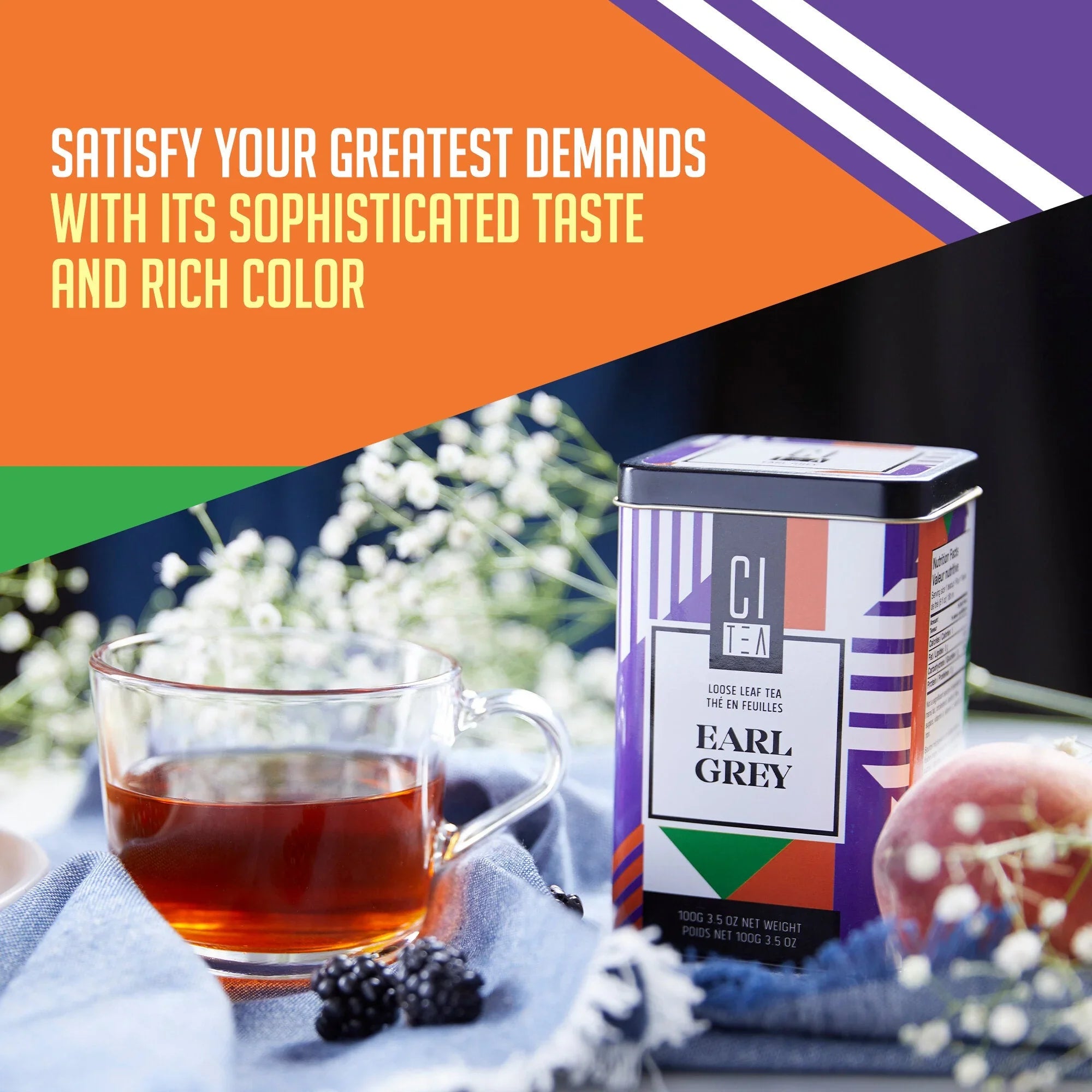 Earl Grey loose leaf tea tin with glass cup of tea, peach, blackberries, and flowers