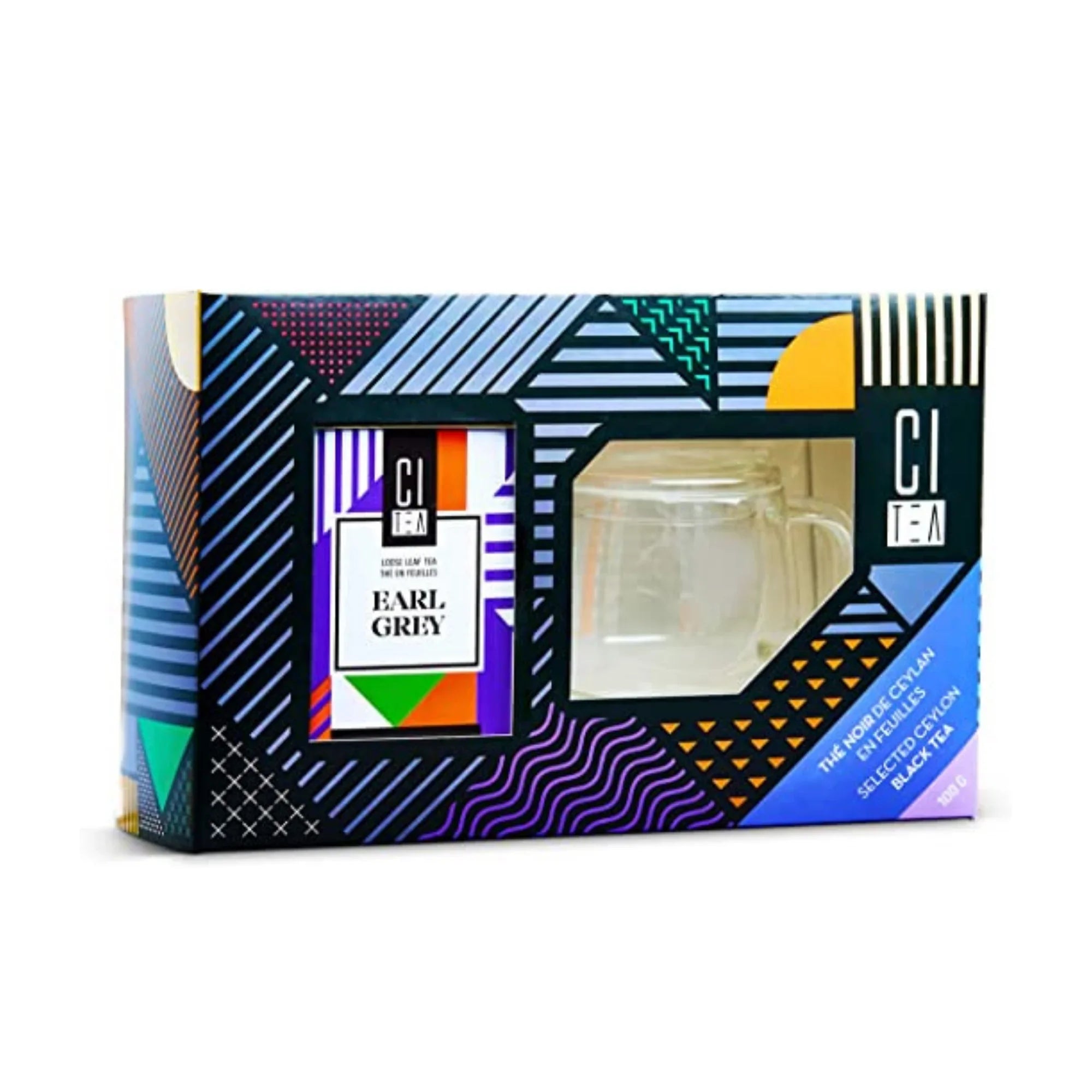 CI Tea Earl Grey gift set with geometric packaging and glass mug, premium black tea box