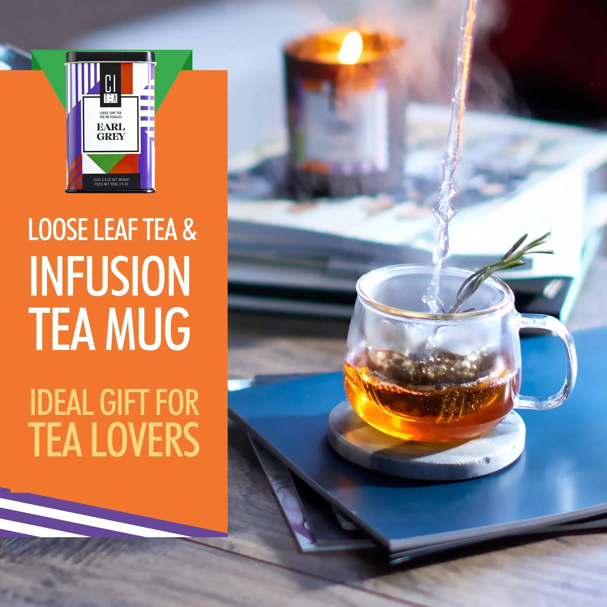 Loose leaf Earl Grey tea and glass infusion mug with rosemary, candle and books, ideal gift