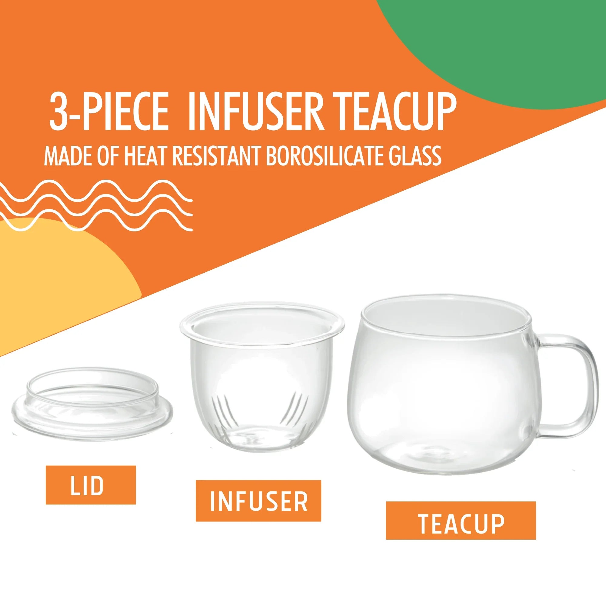 3-piece borosilicate glass infuser teacup set with lid, infuser, and teacup