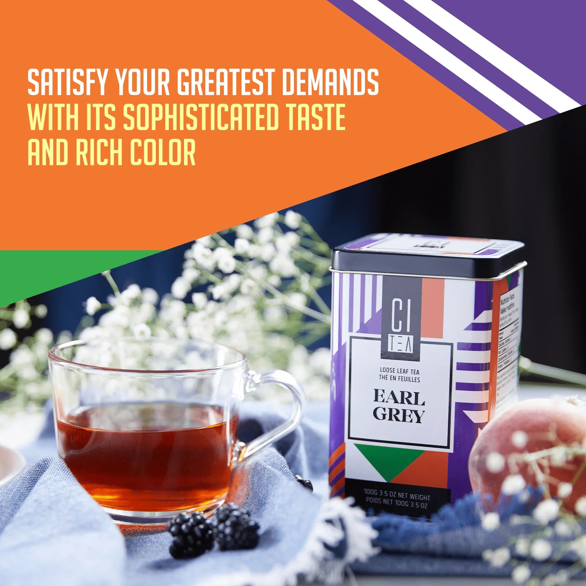 Earl Grey loose leaf tea tin with glass cup of tea, peach, blackberries, and flowers