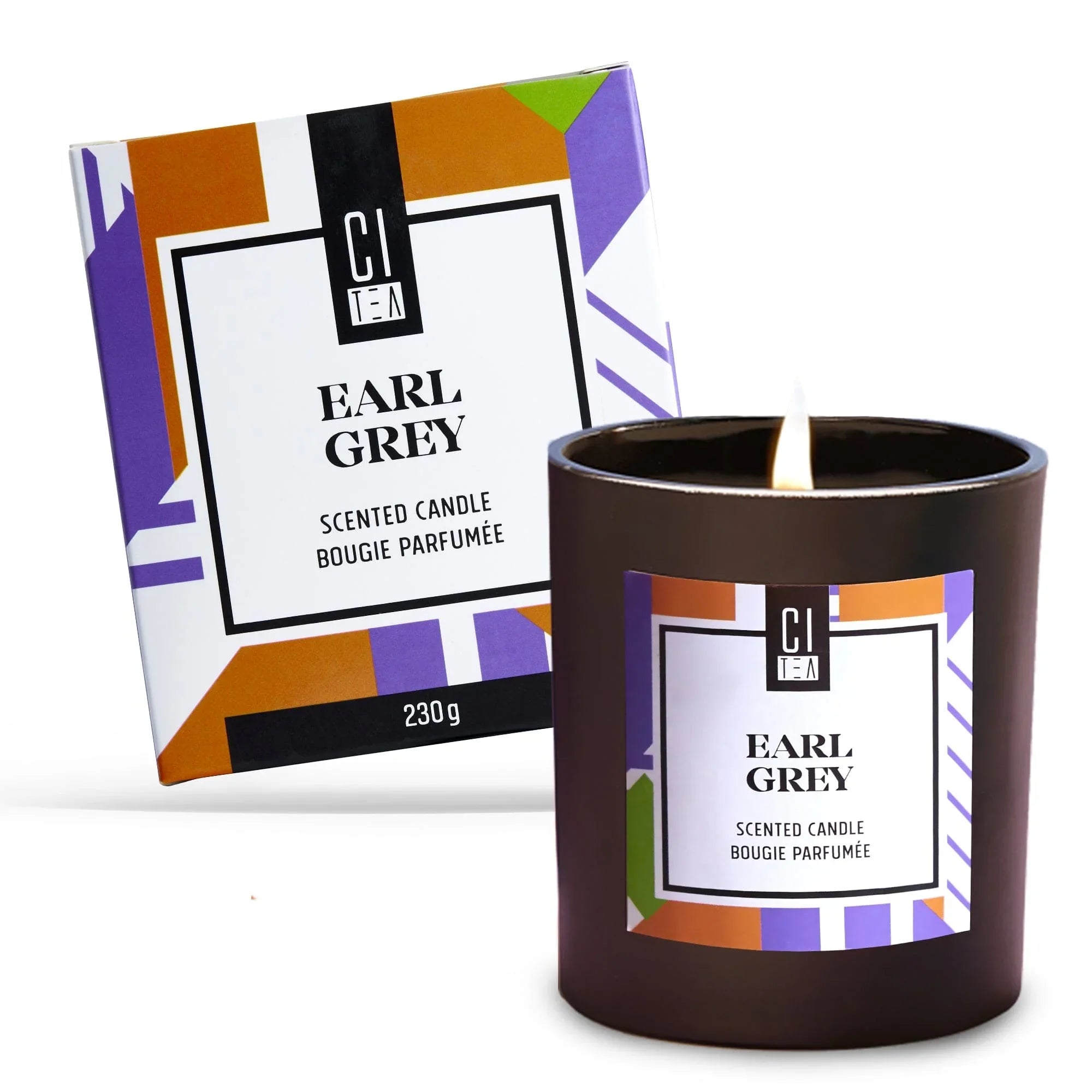 Earl Grey scented candle in a black glass jar with colorful box packaging, 230g