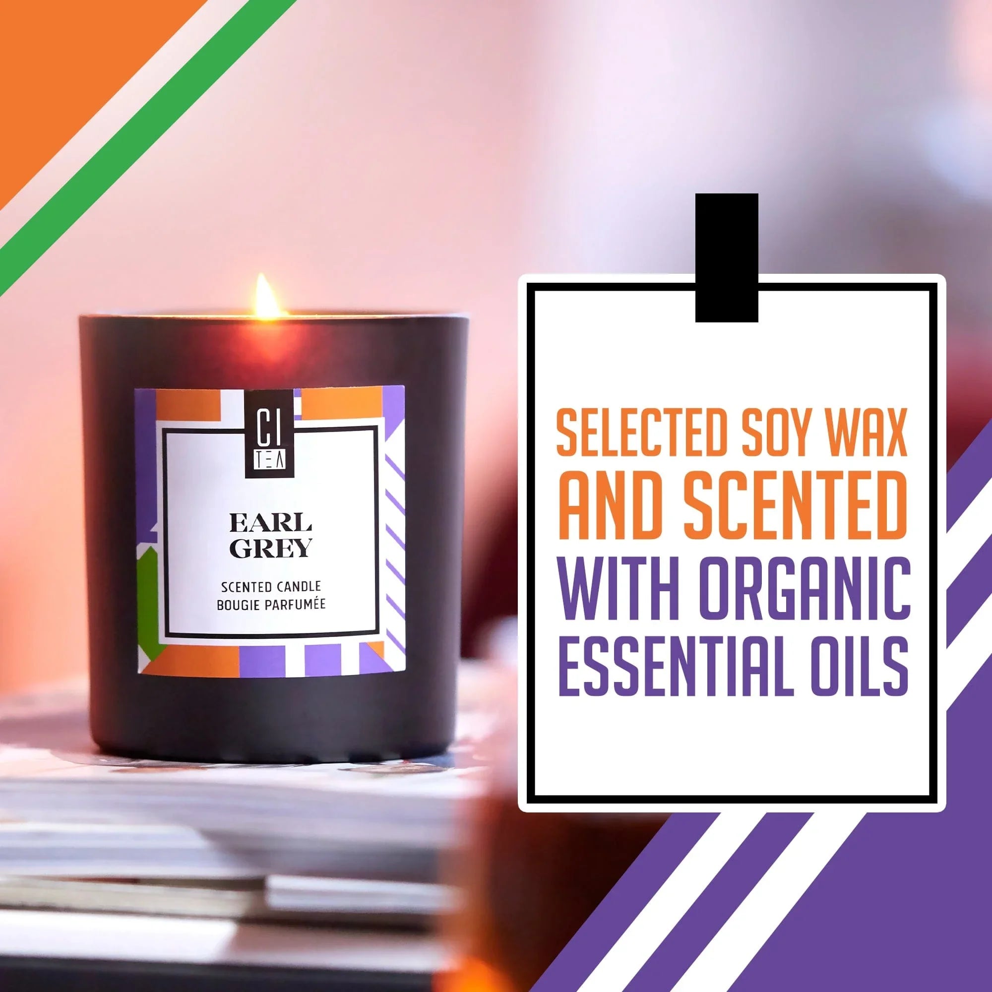 Earl Grey scented candle with soy wax and organic essential oils on a stack of books