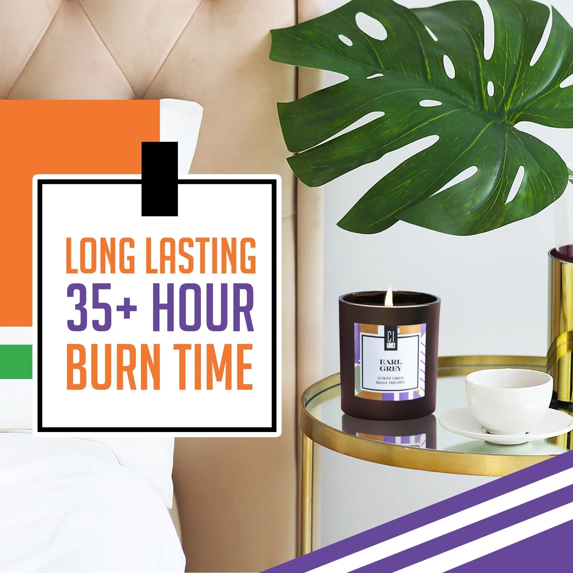 Earl Grey scented candle on gold side table with teacup, plant, and 35+ hour burn time text.