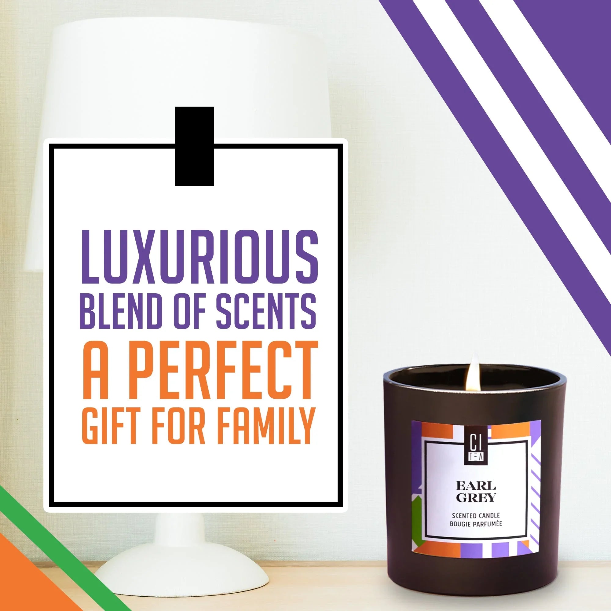 Earl Grey scented candle burning beside a lamp with text: luxurious blend of scents, a perfect gift for family.