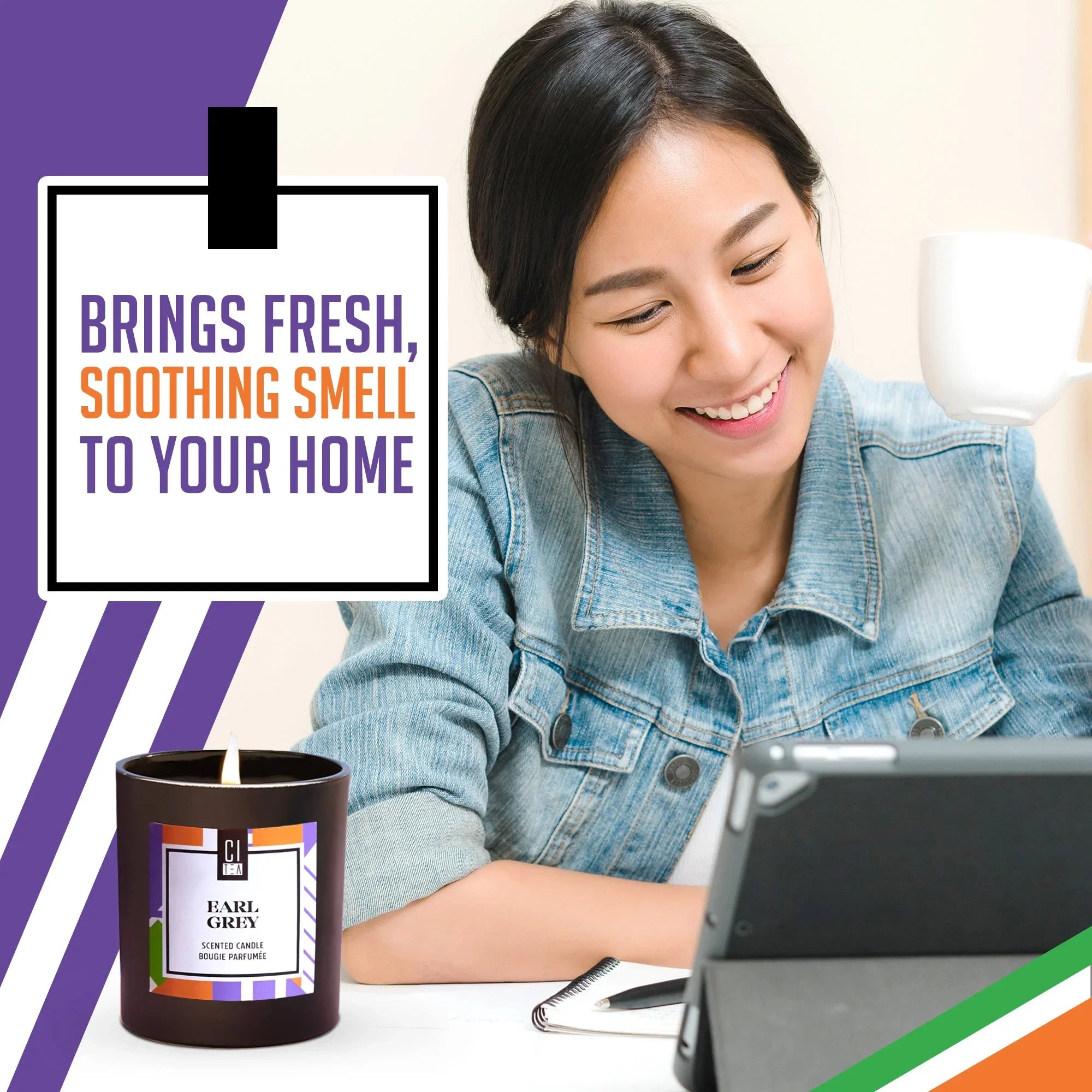 Woman smiling with coffee and tablet, Earl Grey scented candle, text: brings fresh soothing smell