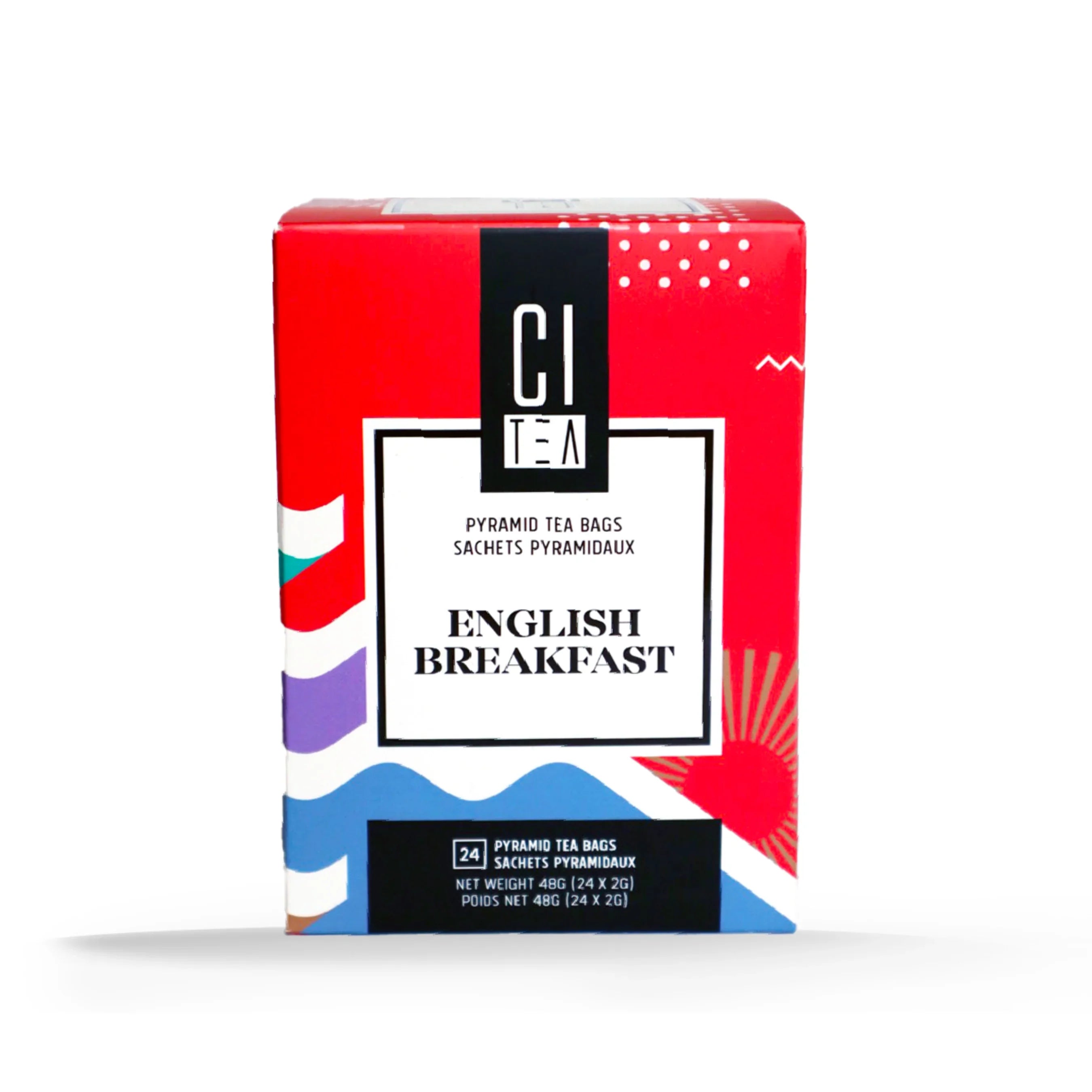 CI Tea English Breakfast pyramid tea bags box with red, white, blue, and abstract design.