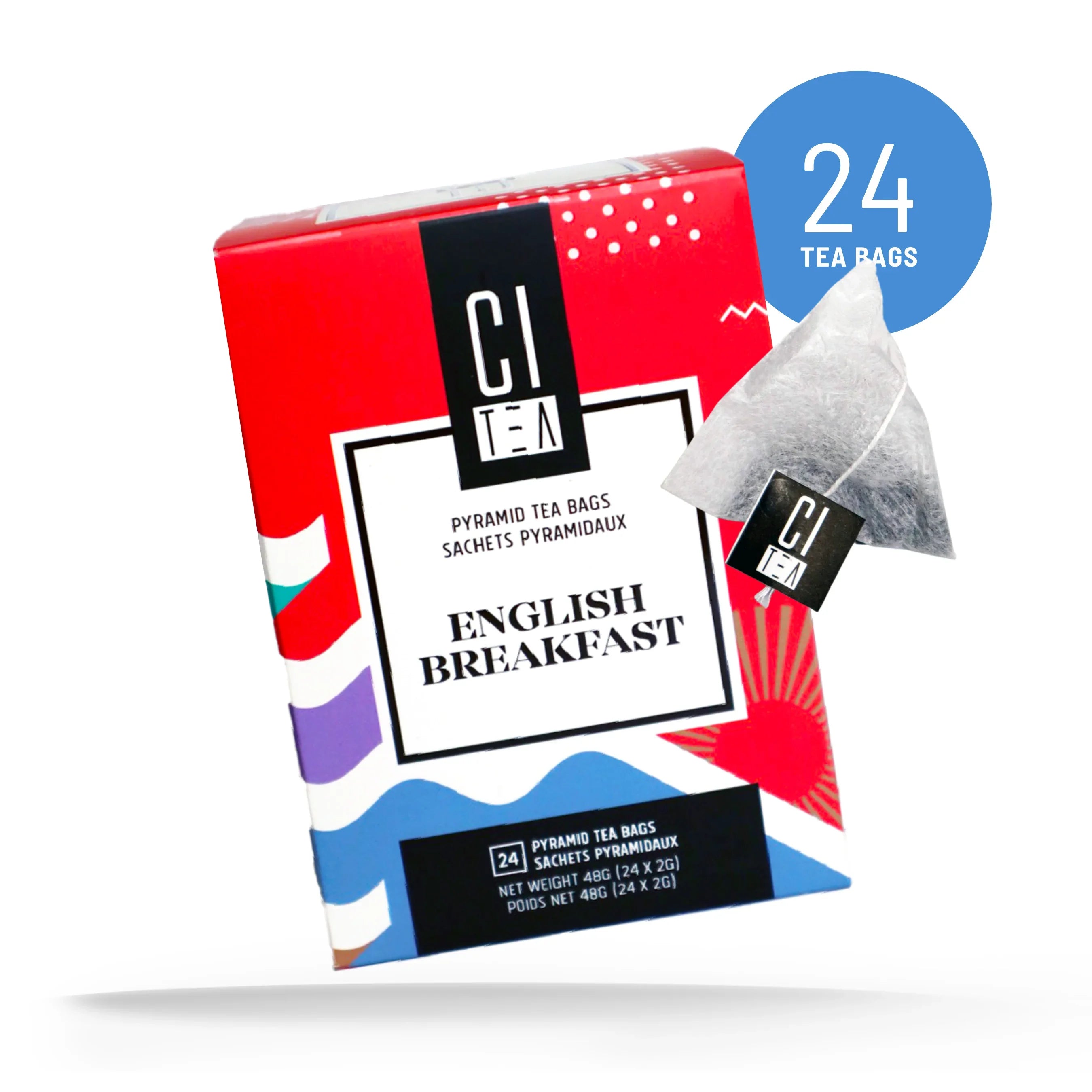 CI English Breakfast tea box with 24 pyramid tea bags and colorful packaging