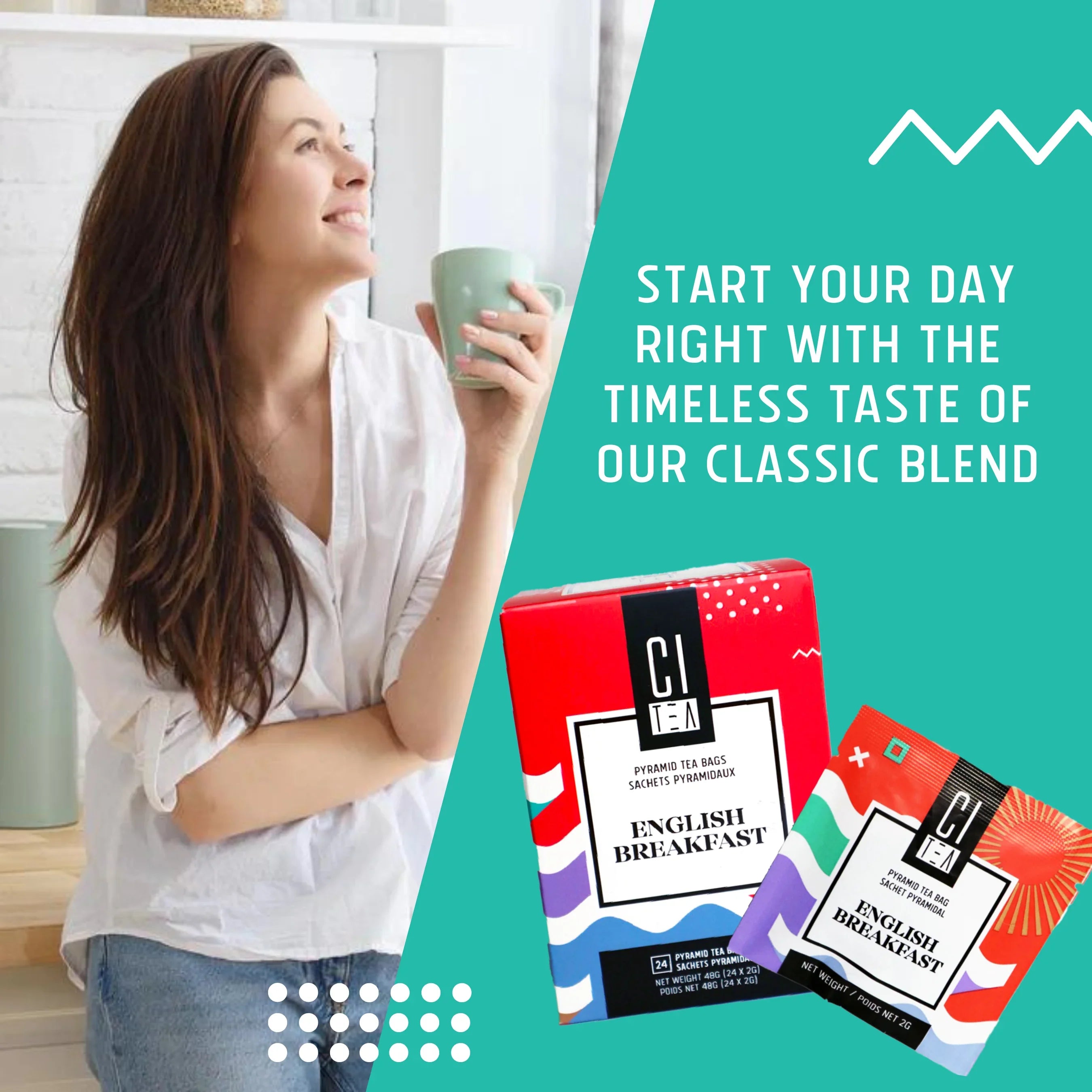 Woman enjoying tea with English Breakfast tea box, morning classic blend promotion
