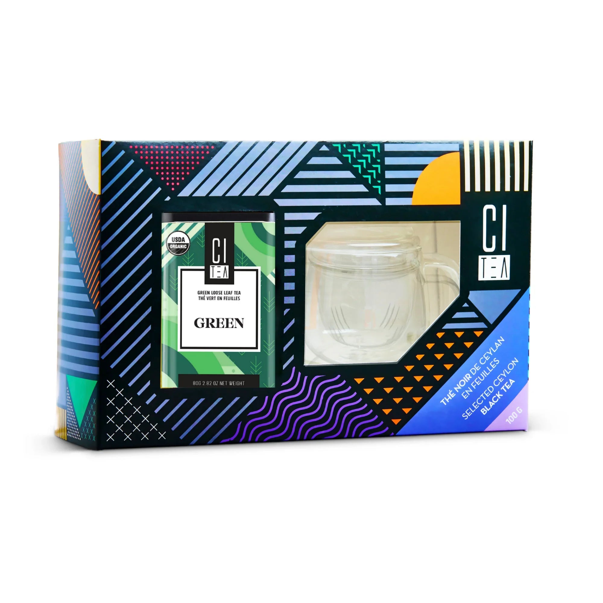 CI Tea gift set with green loose leaf tea tin and clear glass mug in colorful box