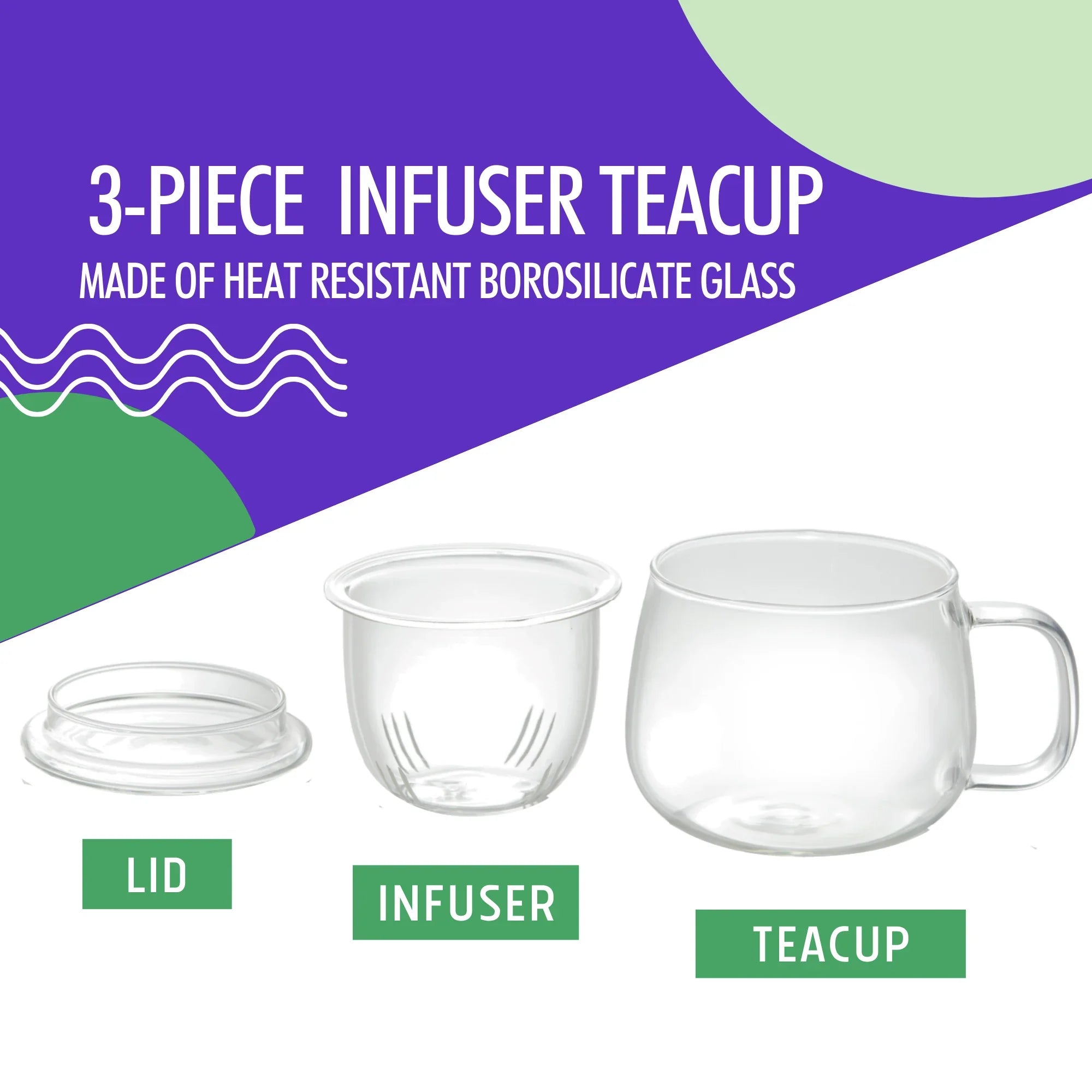3-piece infuser teacup set with lid, infuser, and teacup made of borosilicate glass