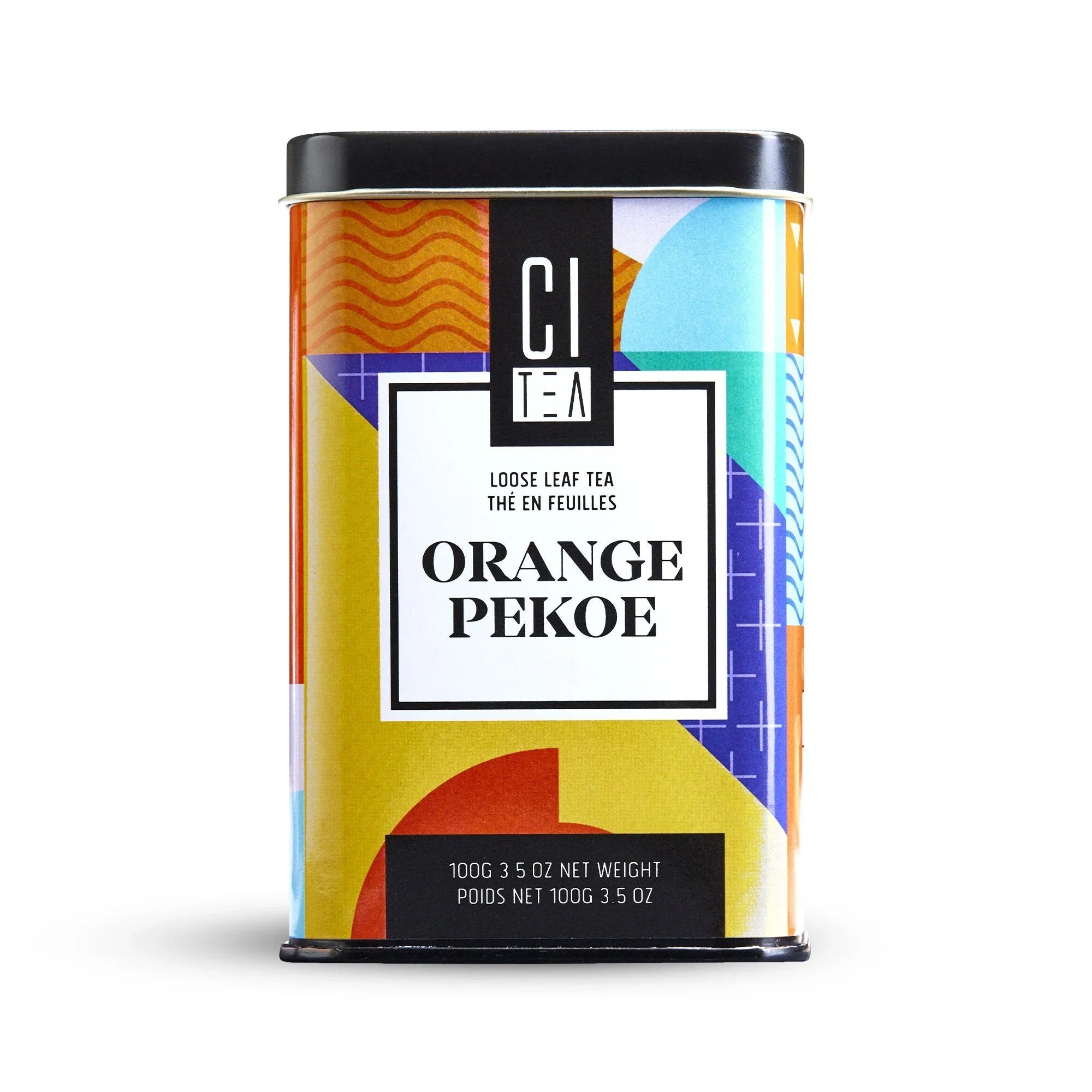 Citea Orange Pekoe loose leaf tea tin with colorful geometric design