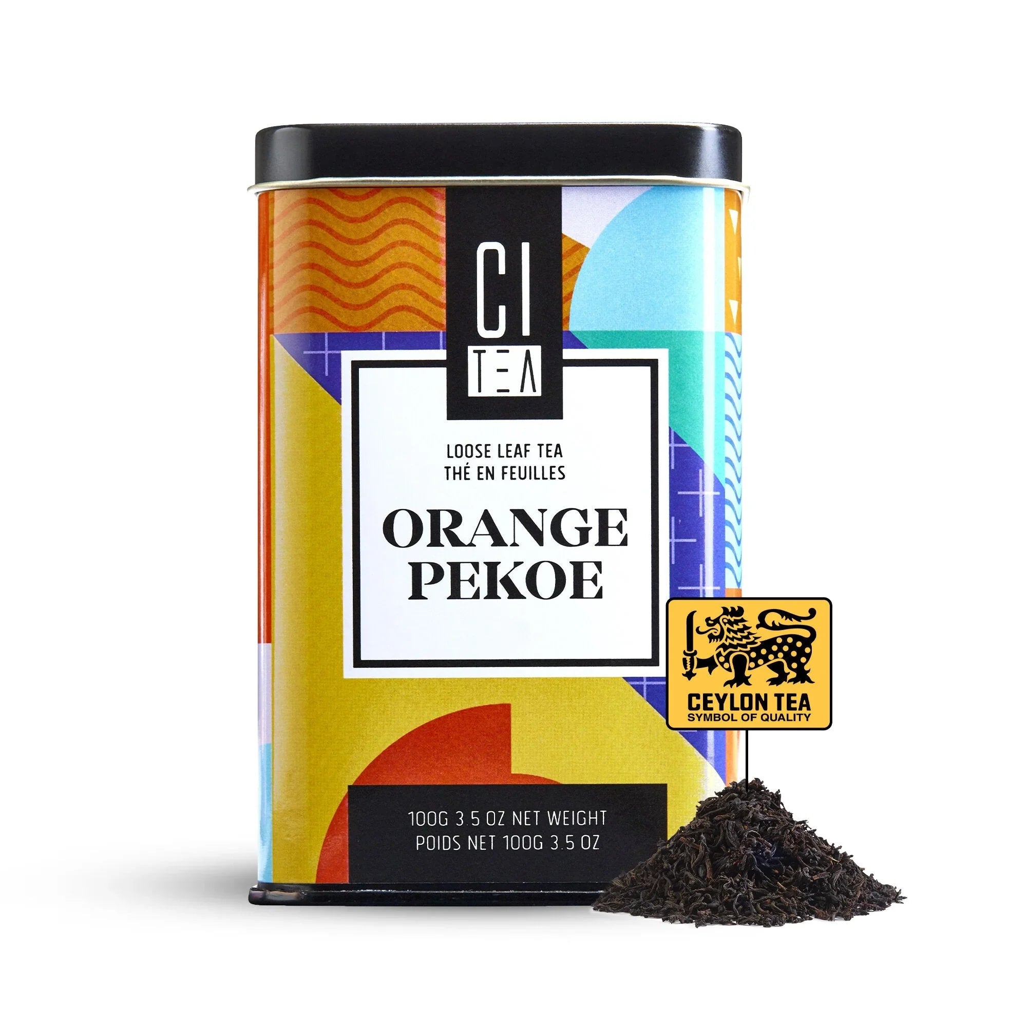 Ceylon Orange Pekoe loose leaf tea tin with colorful design and tea leaves pile