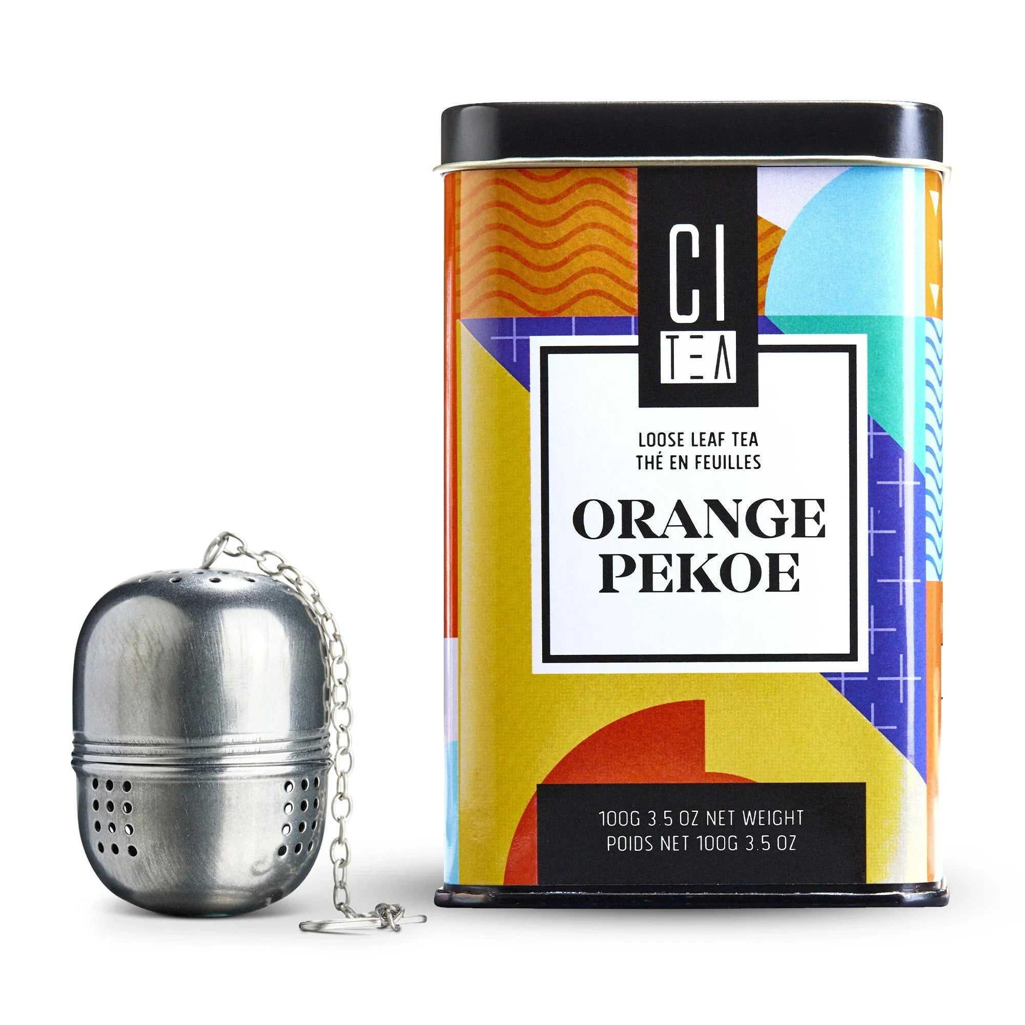 Orange Pekoe loose leaf tea tin with modern design and metal tea infuser