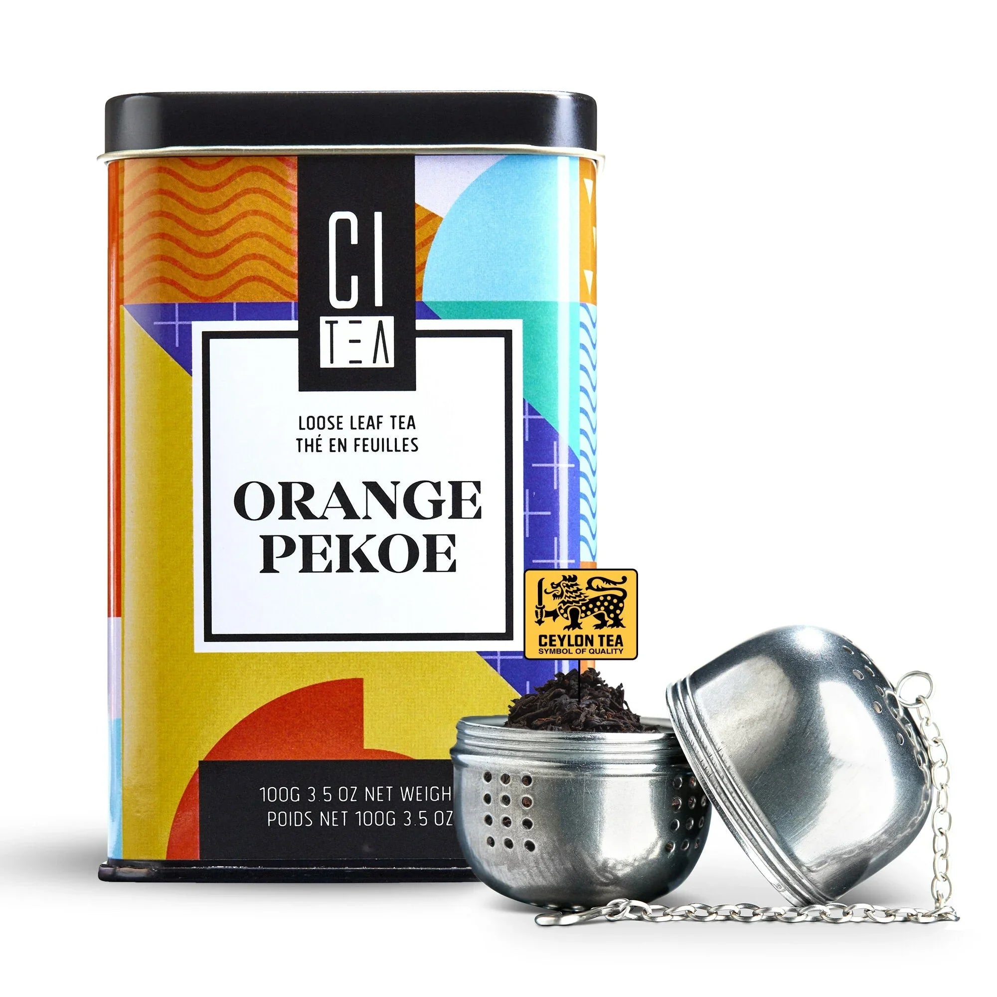 Citea Orange Pekoe loose leaf tea tin with metal tea infuser and Ceylon Tea label