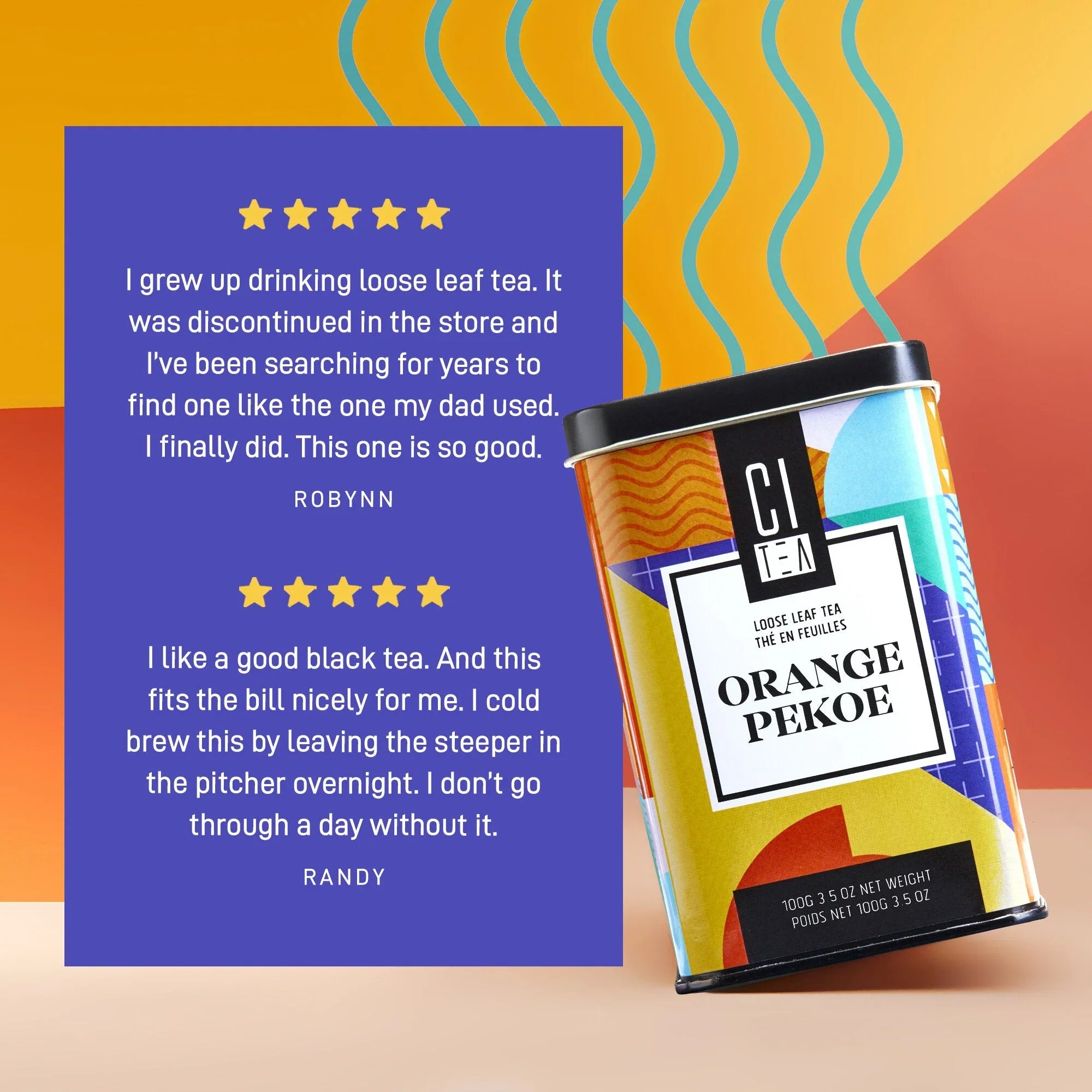 Citea Orange Pekoe loose leaf tea tin with customer reviews on colorful background